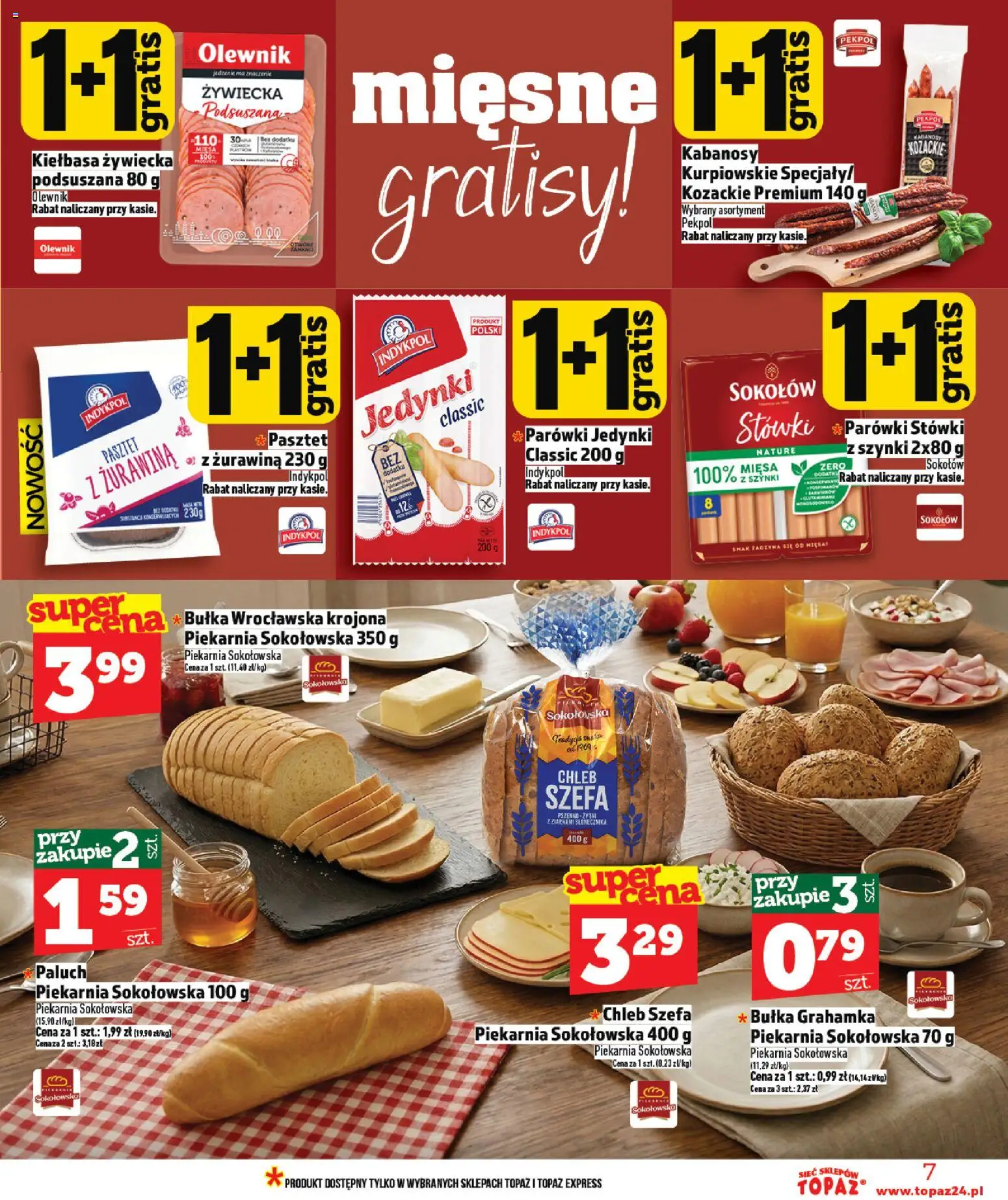 Topaz gazetka - MAZ od 09.04.2026 | Strona: 7 | Produkty: Kiełbasa, Żurawina, Bułka, Chleb