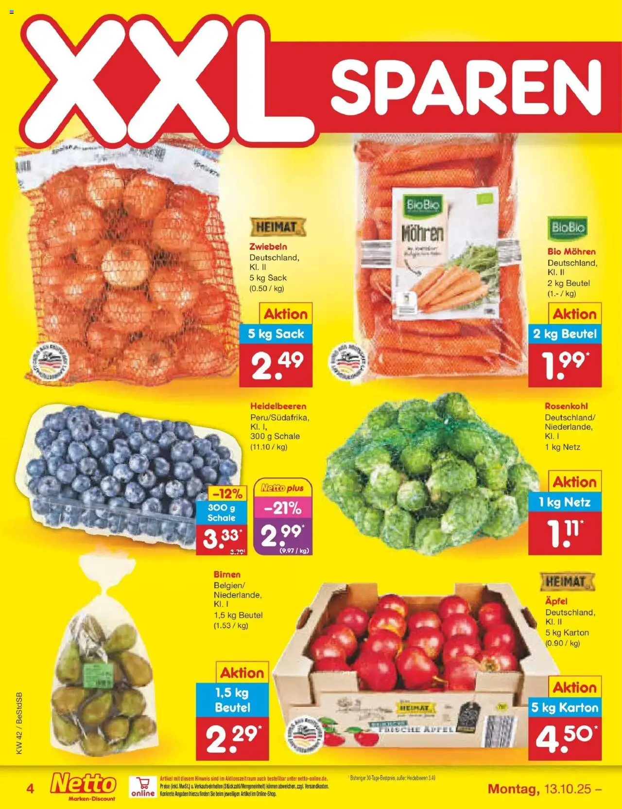 Netto Marken-Discount Prospekt 	 – gültig ab 13.10.2025 | Seite: 4 | Produkte: Äpfel, Mohren, Heidelbeeren, Zwiebeln