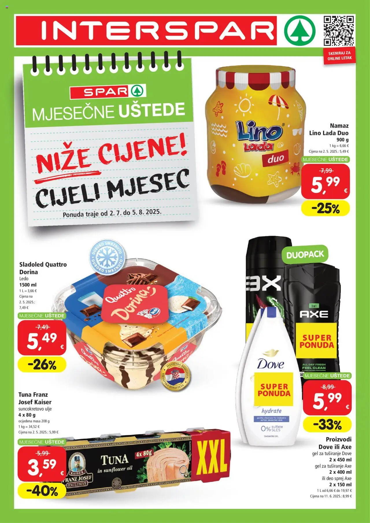 Interspar katalog | vrijedi od 02.07.2025 | Stranica: 1 | Proizvodi: Dorina, Suncokretovo ulje, Gel za tuširanje, Sladoled
