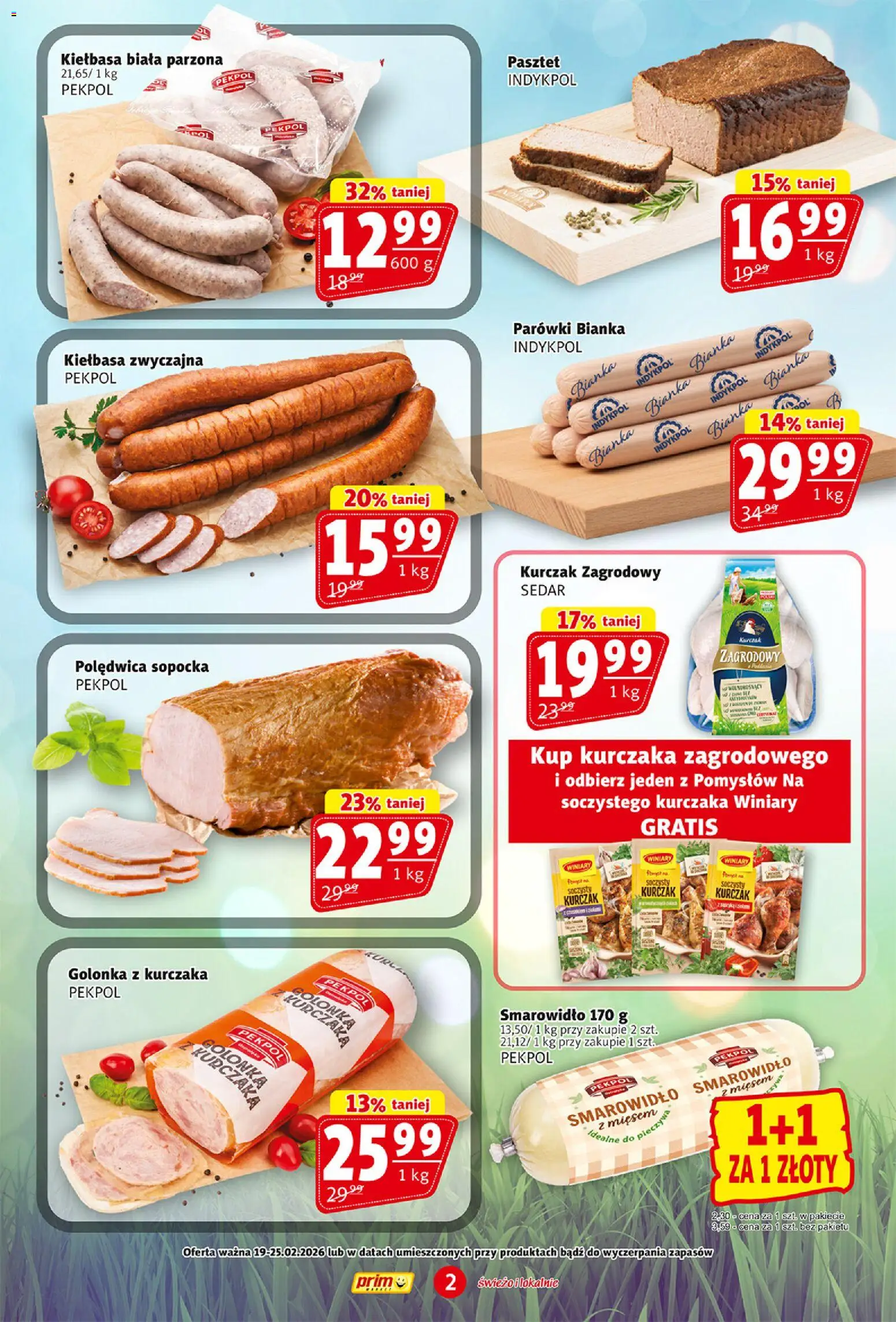 Prim Market Gazetka od 19.02.2026 | Strona: 2 | Produkty: Kiełbasa, Kurczak, Parówki, Kurczak zagrodowy