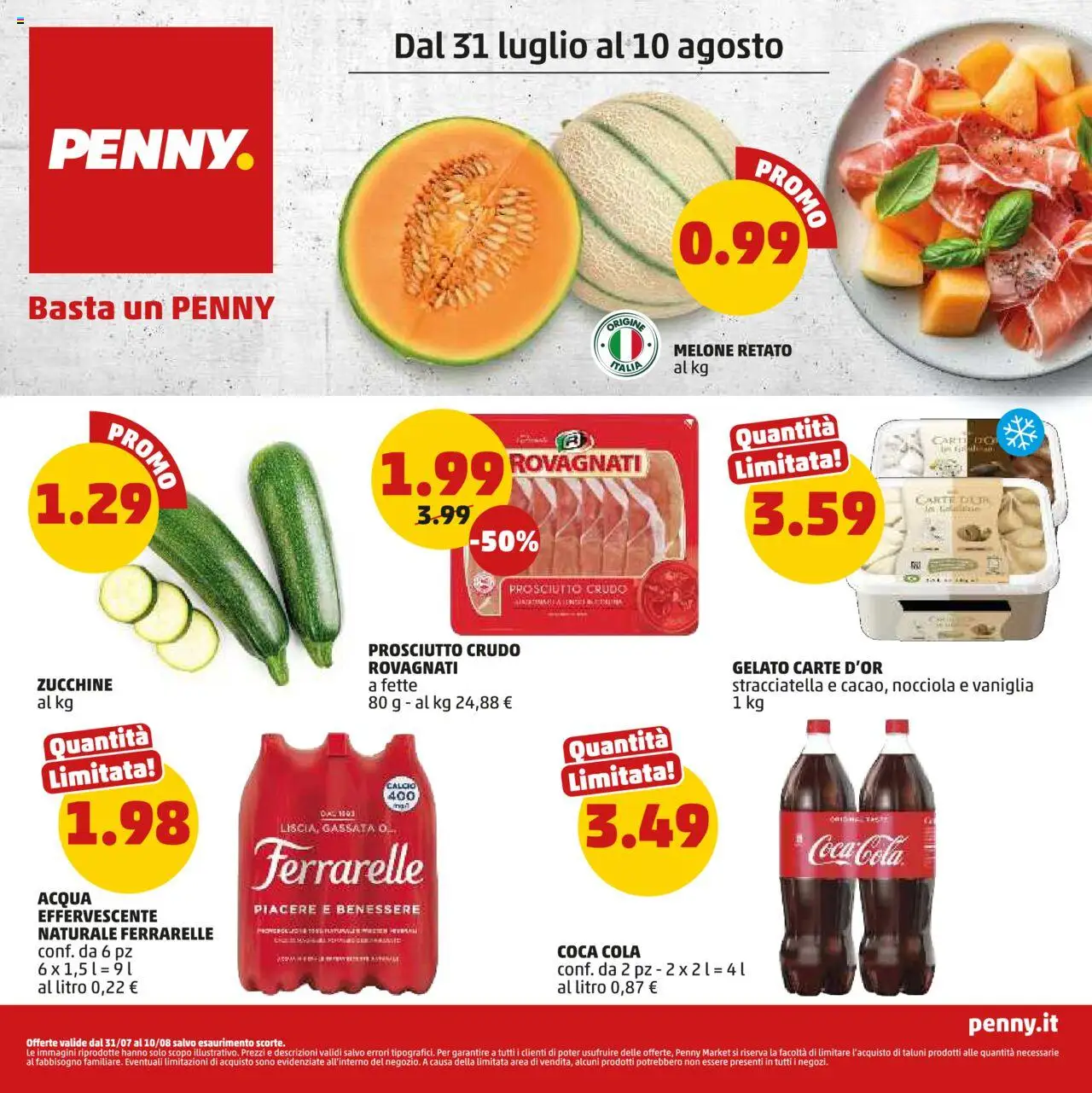 Volantino PENNY del 31.07.2025 | Pagina: 1 | Prodotti: Prosciutto Crudo, Prosciutto, Ferrarelle, Stracciatella