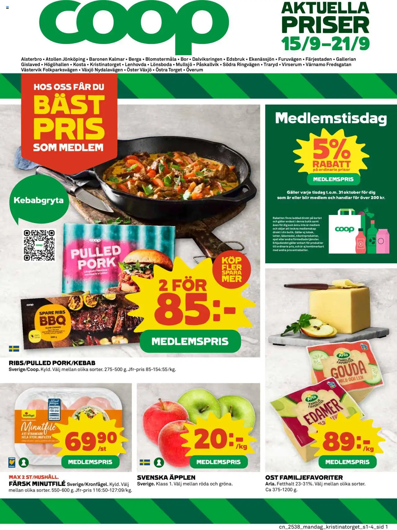 Coop reklamblad aktuell från 15.09.2025 | Sida: 1 | Produkter: Galler, Ost, Äpplen, Spel
