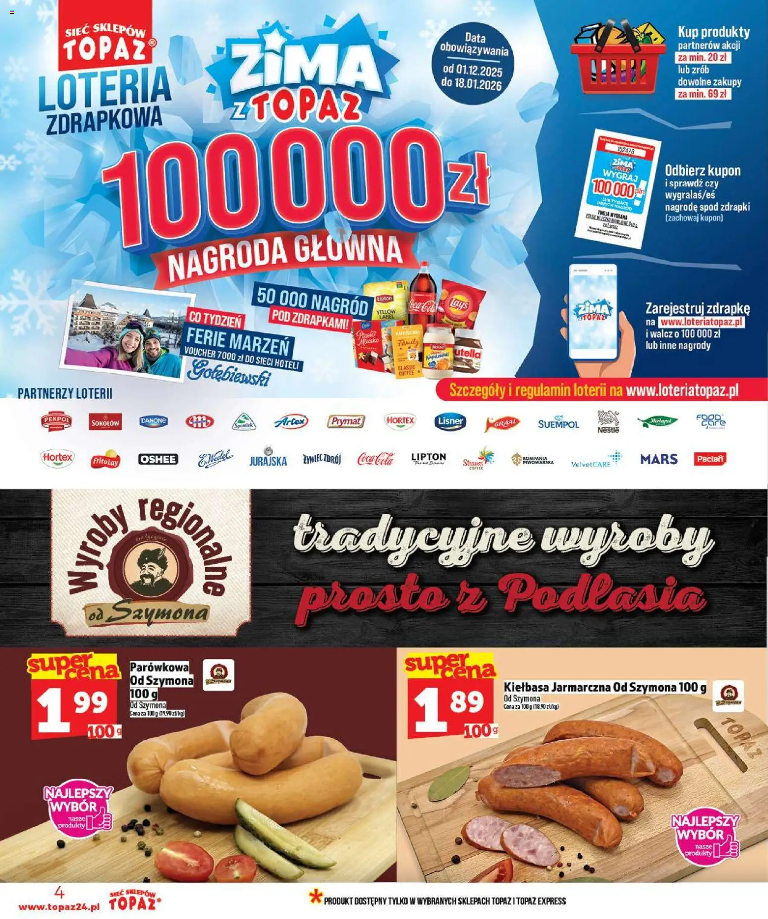 Topaz Gazetka MAZ od 02.01.2026 | Strona: 4 | Produkty: Kiełbasa, Coca cola, Lays