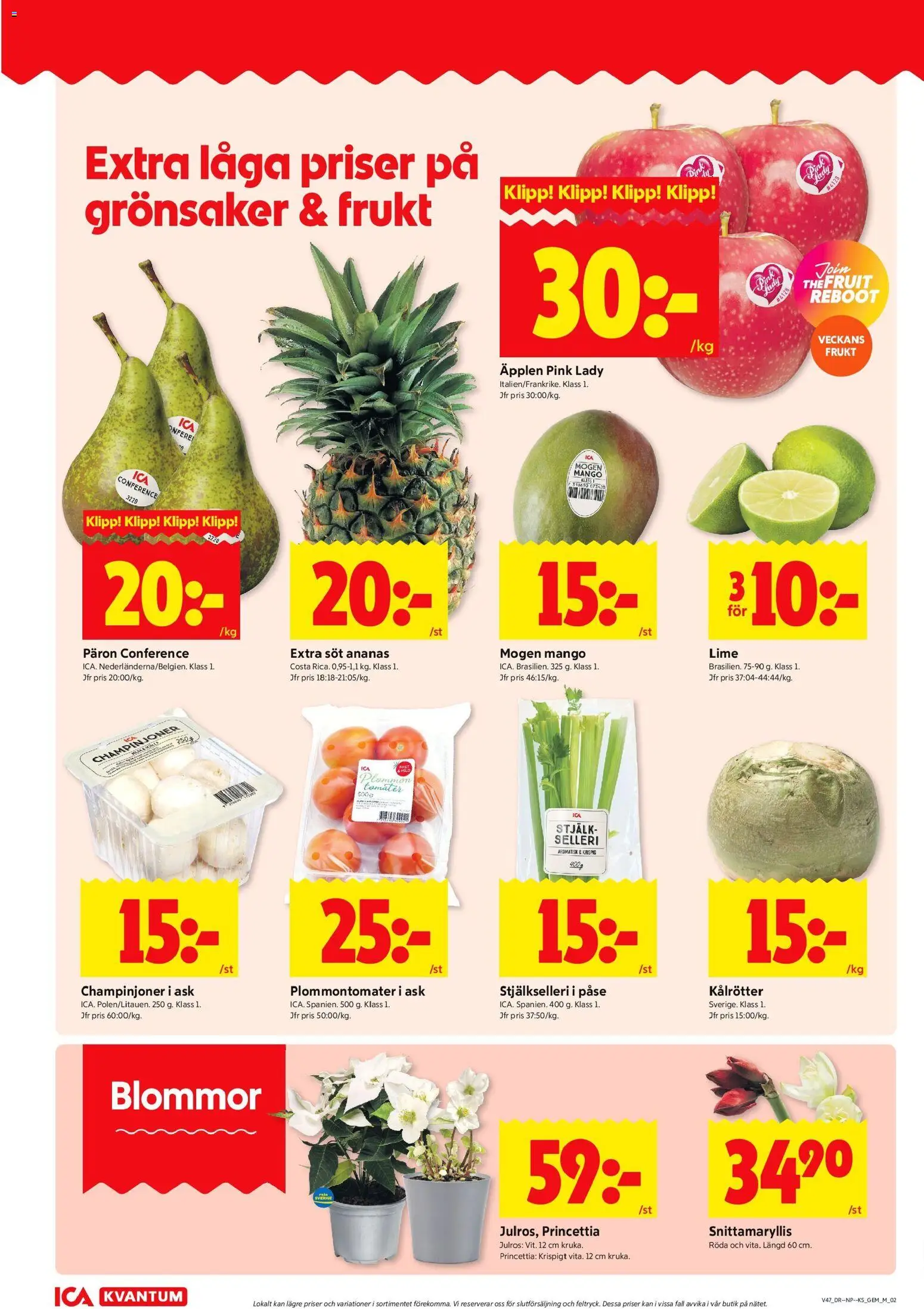 ICA Kvantum reklamblad aktuell från 17.11.2025 | Sida: 2 | Produkter: Champinjoner, Tomater, Ananas, Lime