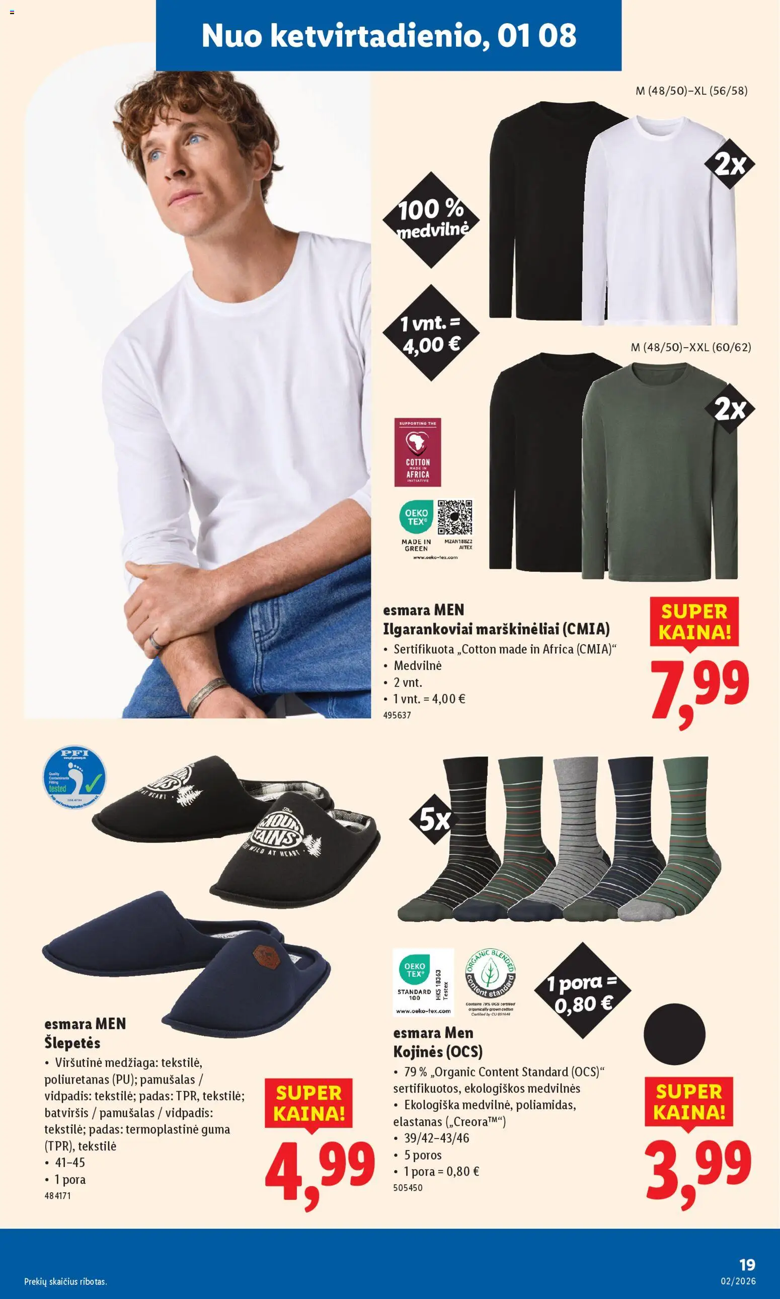 LIDL akcijos nuo 05.01.2026 | Puslapis: 19 | Prekių: Marškinėliai, Kojinės, Šlepetės