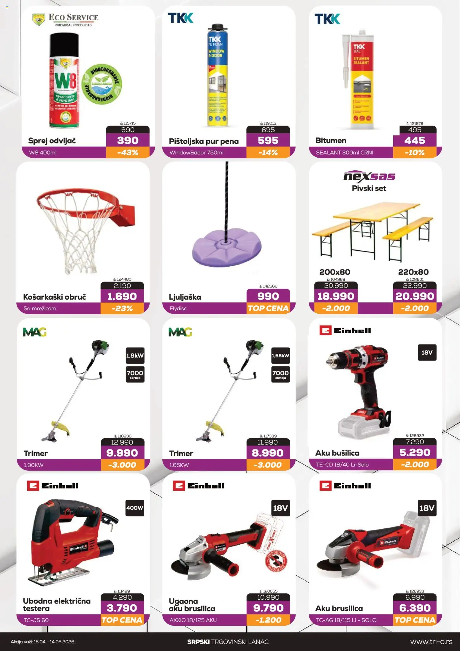 Tri O katalog - važi od 15.04.2026 | Strana: 3 | Proizvode: Brusilica, Ljuljaška, Bušilica, Trimer