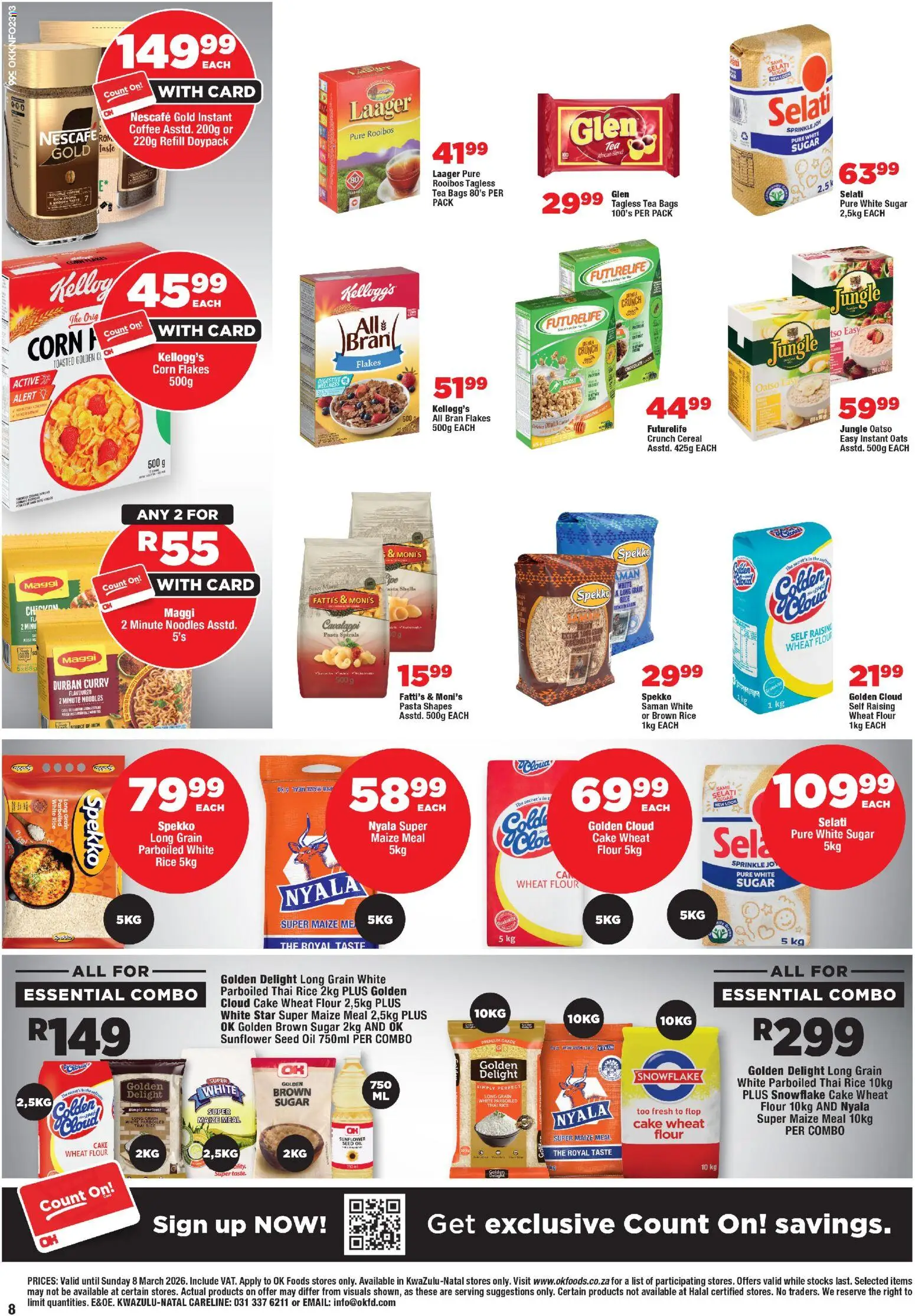 New OK Foods catalogue – valid from 25.02.2026 | Page: 8 | Products: Maize meal, Oats, Coffee, Flakes