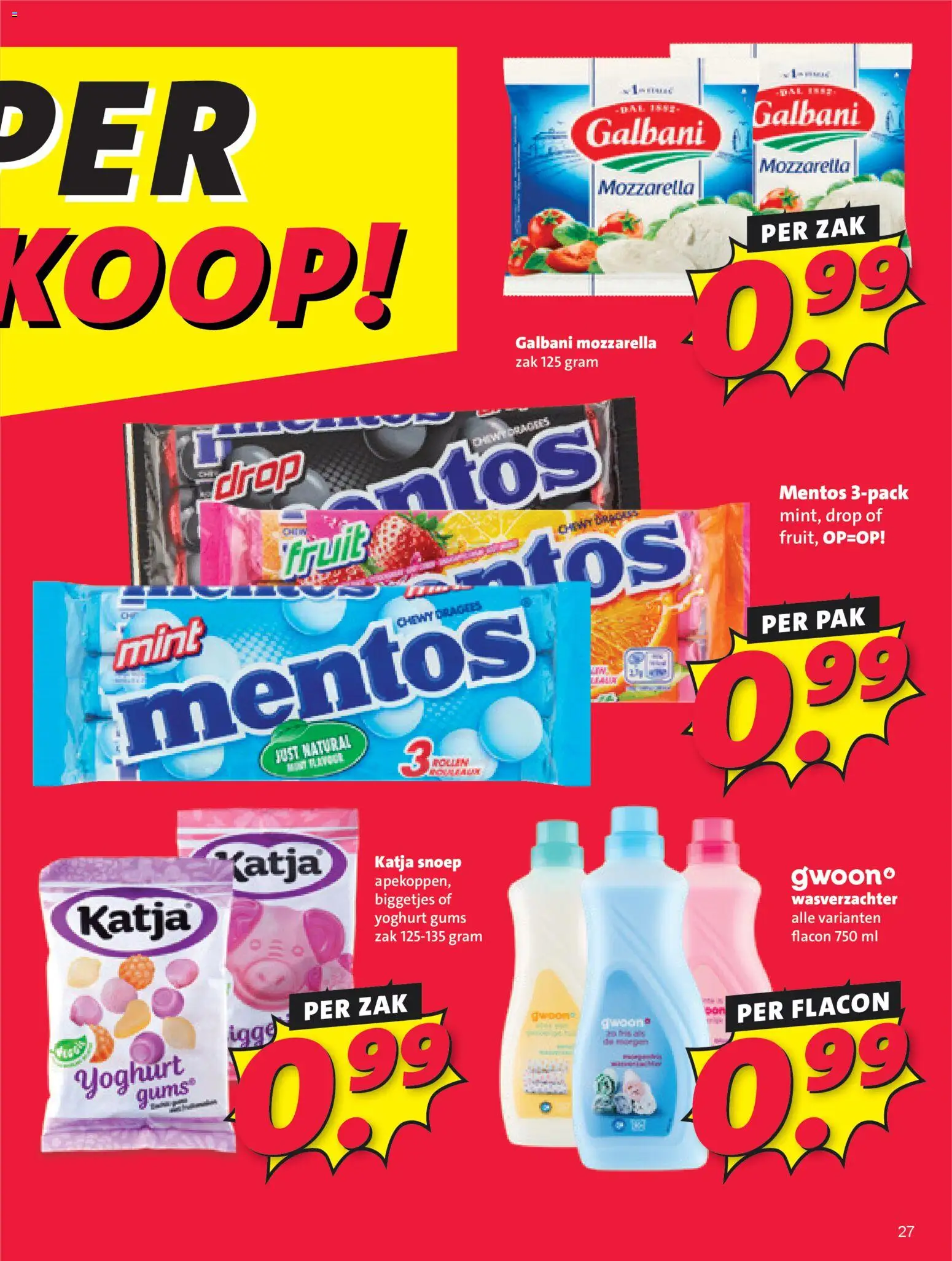 {H1} | Pagina: 27 | Producten: Snoep, Wasverzachter, Mozzarella, Fruit