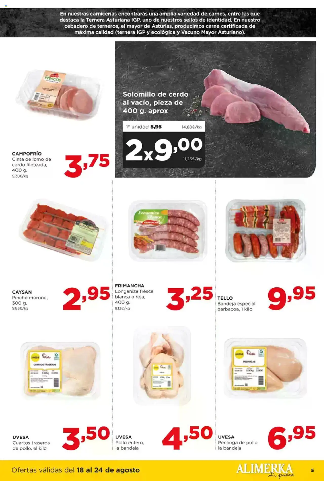 Alimerka folleto Asturias │ válido desde el 18.08.2025 | Página: 5 | Productos: Solomillo de cerdo, Cerdo, Longaniza, Bandeja