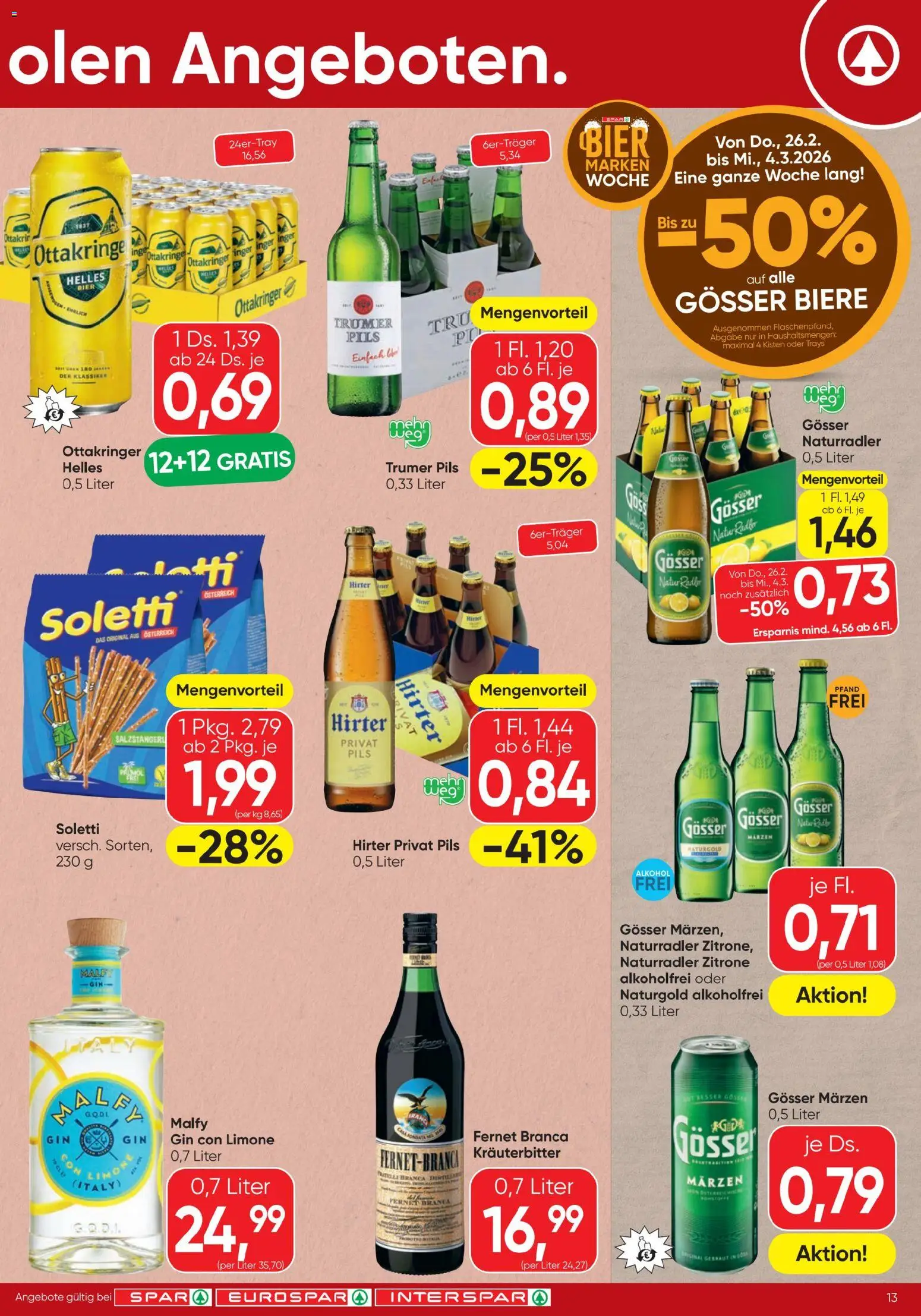 Spar Flugblatt gültig ab 26.02.2026 | Seite: 13 | Produkte: Gin, Zitrone, Bier