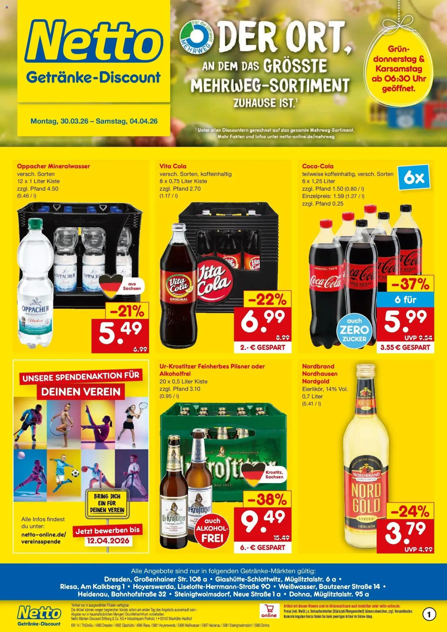 Netto Marken-Discount Prospekt Heidenau	 – gültig ab 30.03.2026 | Seite: 1 | Produkte: Coca cola, Cola, Zucker, Vita cola
