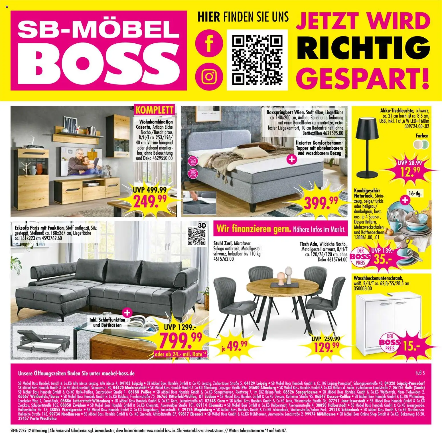 SB Möbel Boss Prospekt Wittenberg – gültig ab 08.11.2025 | Seite: 12 | Produkte: Vitrine, Boxspringbett, Tisch, Stuhl