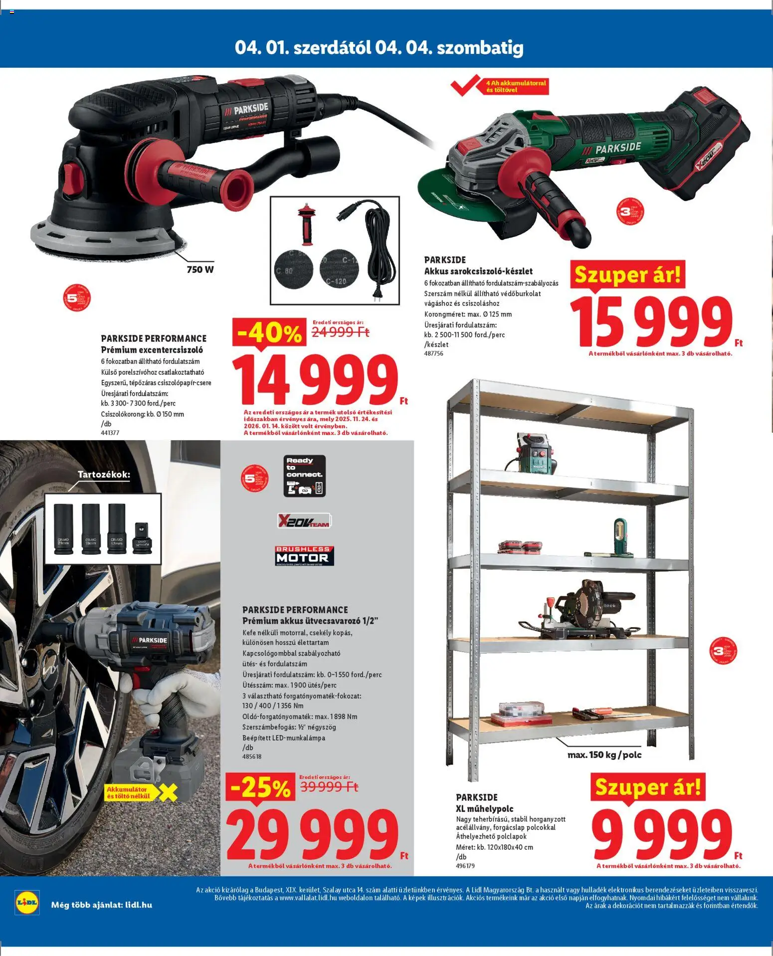 Lidl akciós ujság - amely érvényes a következő dátumtól: 01.04.2026 | Oldal: 6 | Termékek: Excentercsiszoló, Polc, Akkumulátor, Töltő