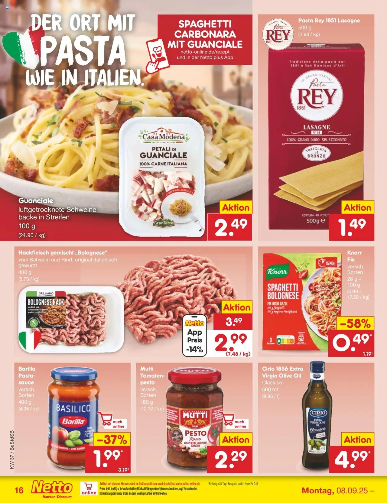 Netto Marken-Discount Prospekt 	 – gültig ab 08.09.2025 | Seite: 18 | Produkte: Knorr fix, Tomaten, Pasta, Hackfleisch