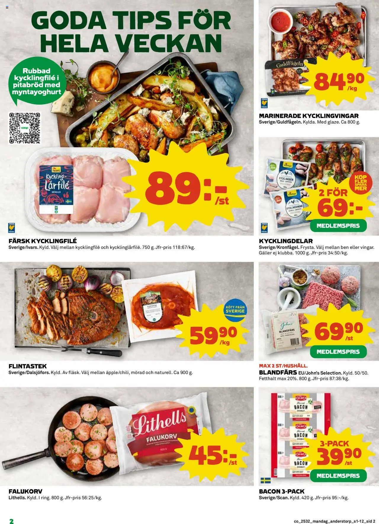 Coop reklamblad aktuell från 04.08.2025 | Sida: 2 | Produkter: Kycklingfile, Galler, Falukorv, Blandfärs