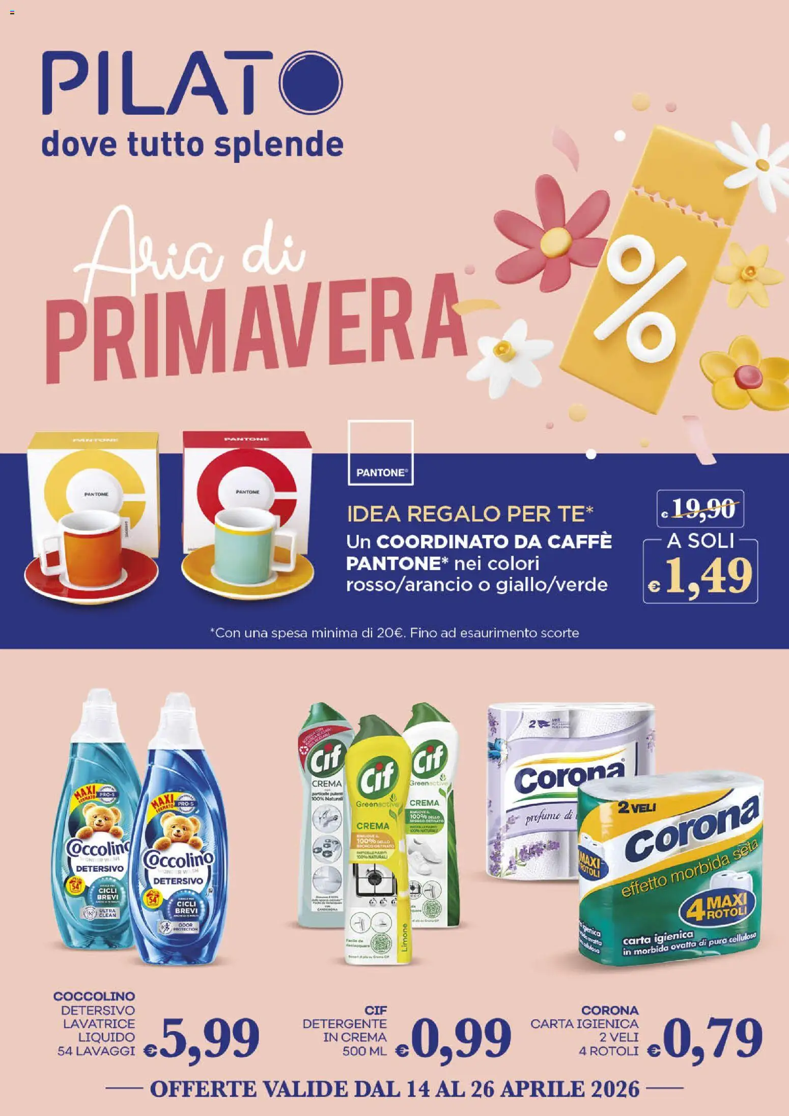 Volantino Pilato del 14.04.2026 | Pagina: 1 | Prodotti: Crema, Carta igienica, Limone, Lavatrice
