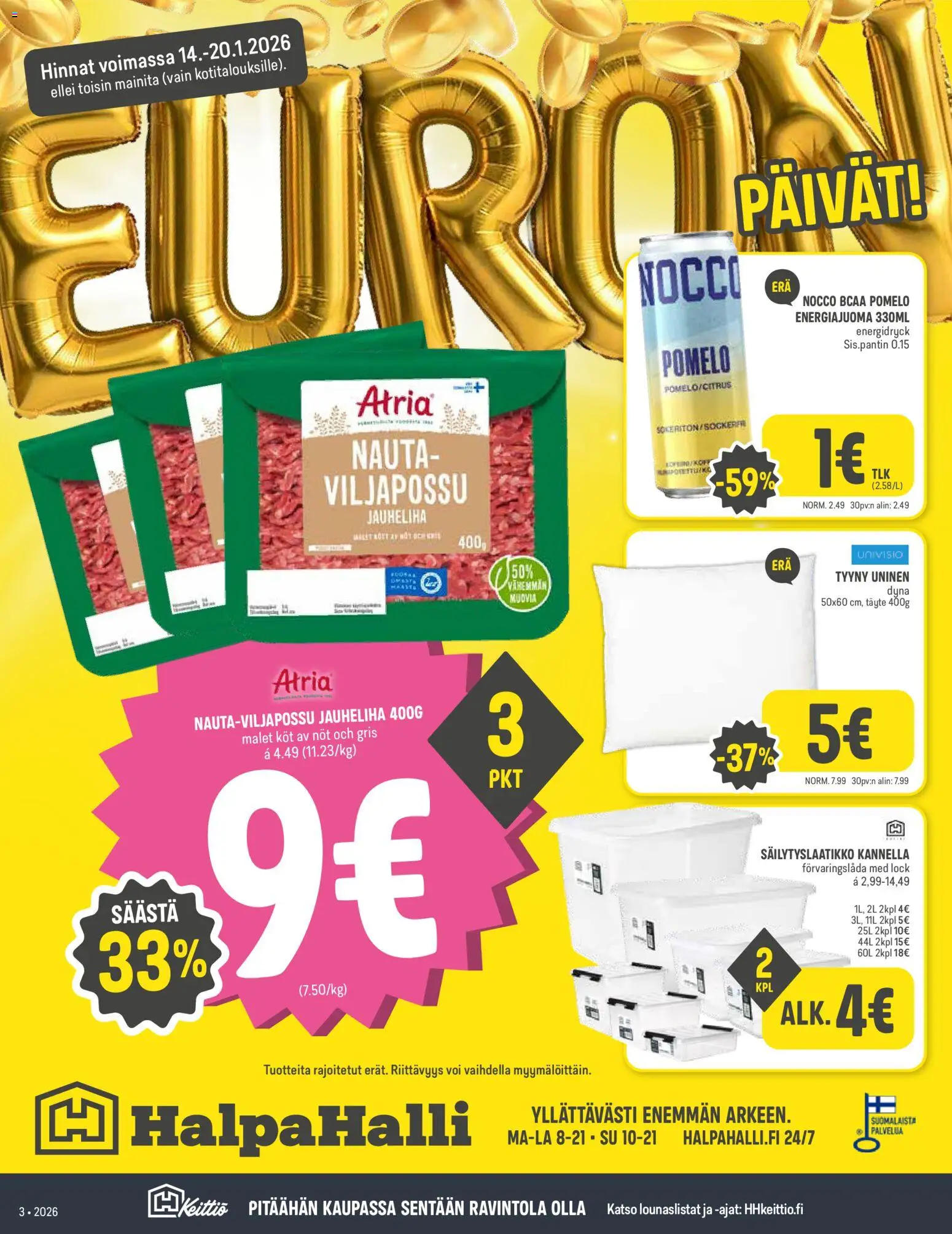 Halpa Halli tarjoukset – voimassa 14.01.2026 alkaen | Sivu: 1 | Tuotteet: Jauheliha, Tyyny, Voi, Energiajuoma