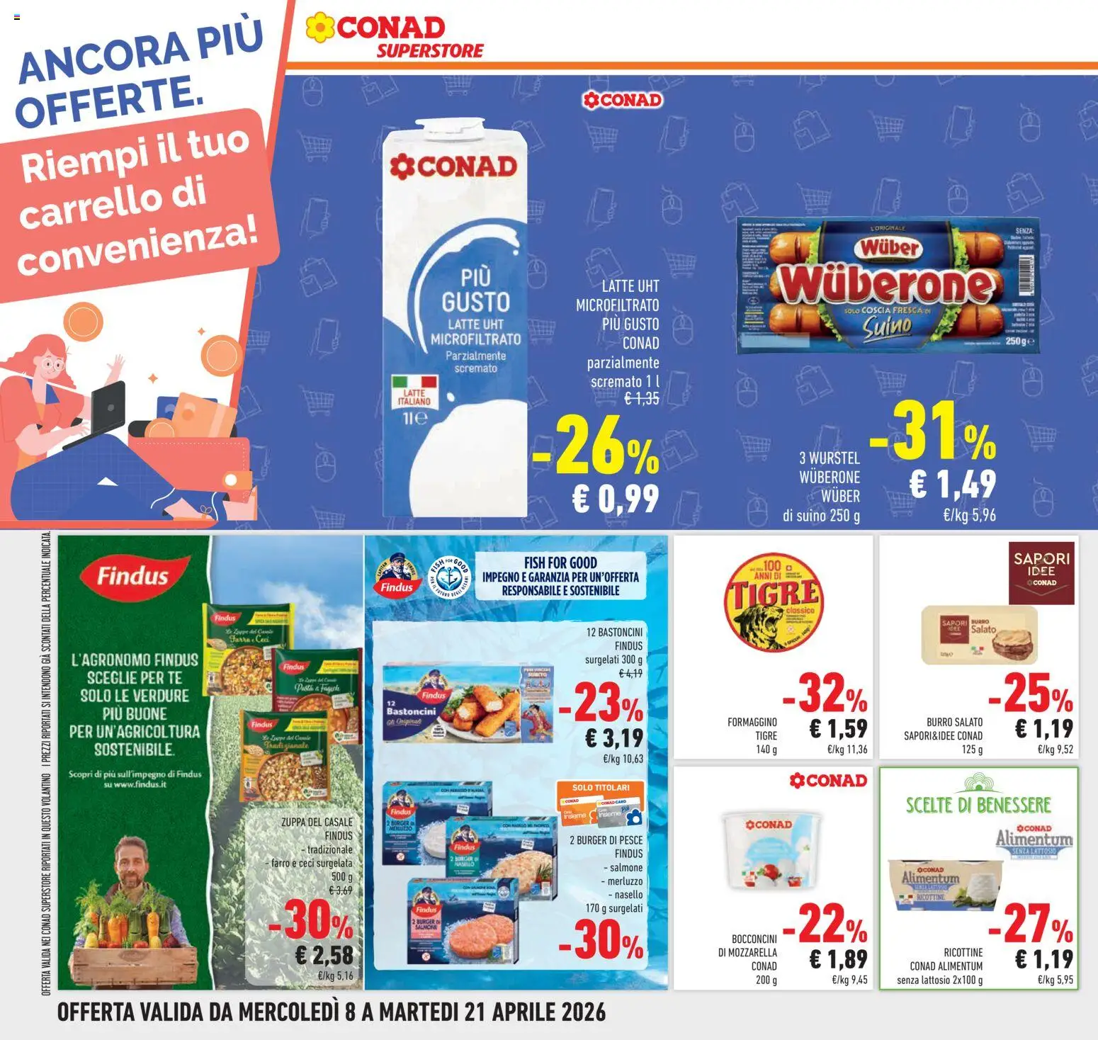 Volantino Conad del 08.04.2026 | Pagina: 32 | Prodotti: Verdure, Latte, Carrello, Nasello
