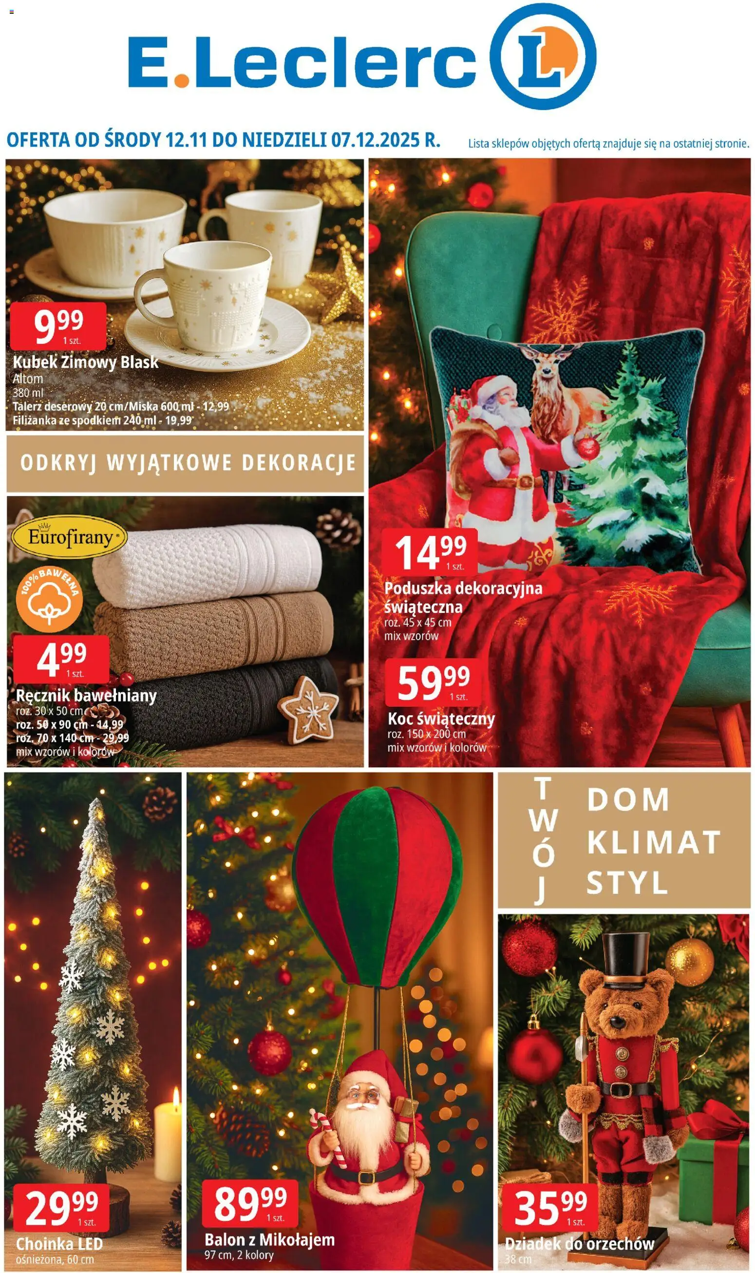 E.Leclerc Gazetka - Boże Narodzenie od 12.11.2025 | Strona: 1 | Produkty: Choinka, Poduszka, Koc