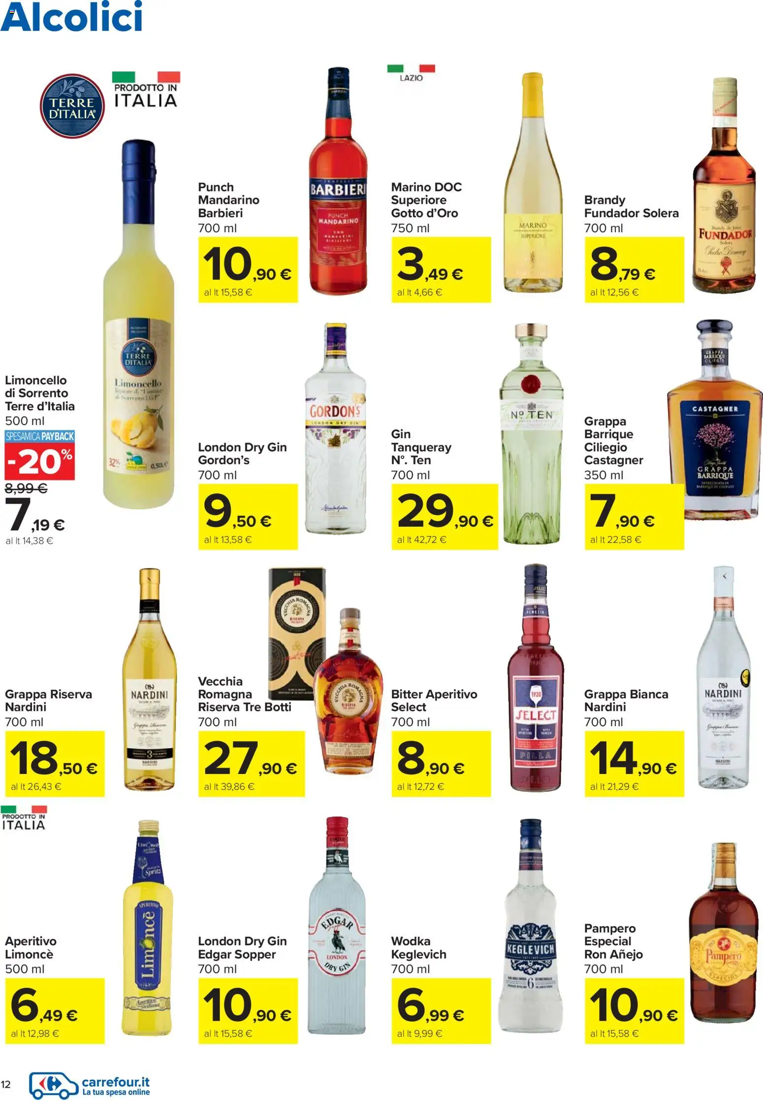Volantino Carrefour del 27.11.2025 | Pagina: 12 | Prodotti: Gin, Limone, Grappa, Brandy
