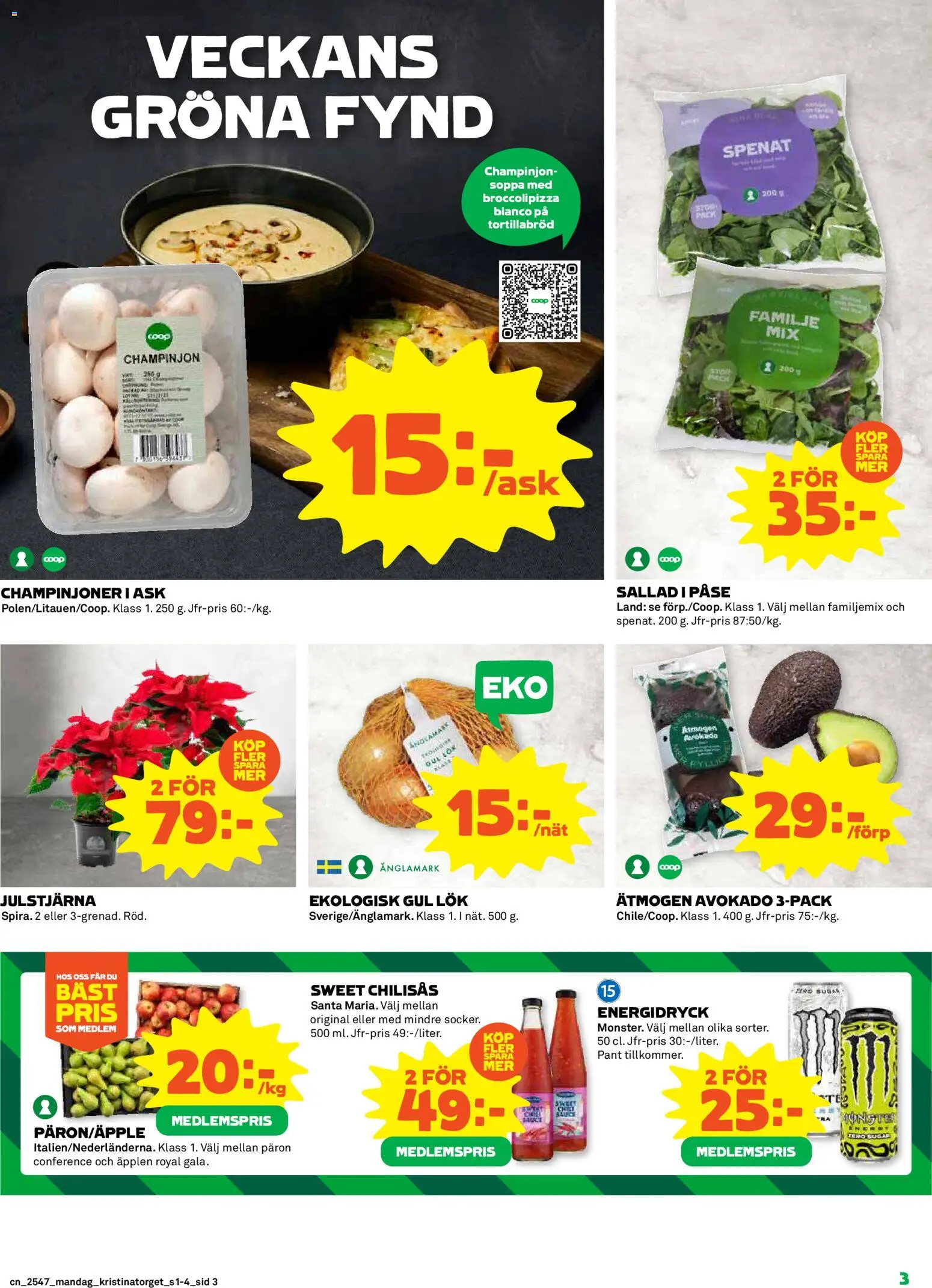 Coop reklamblad aktuell från 17.11.2025 | Sida: 3 | Produkter: Spenat, Energidryck, Äpplen, Soppa