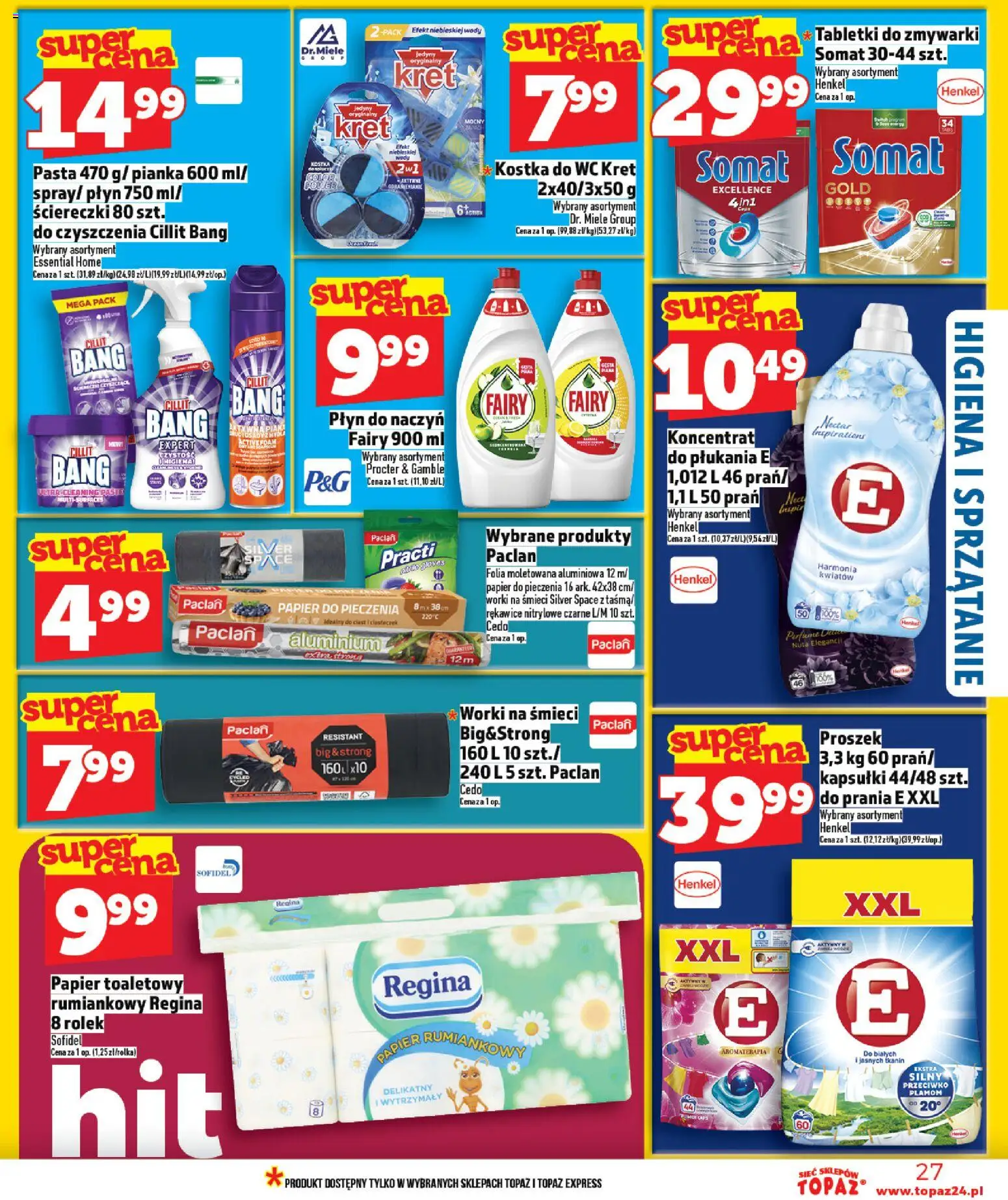 Topaz gazetka - Ceny małe na stałe od 09.04.2026 | Strona: 27 | Produkty: Płyn do naczyń fairy, Papier toaletowy, Papier do pieczenia, Tabletki do zmywarki