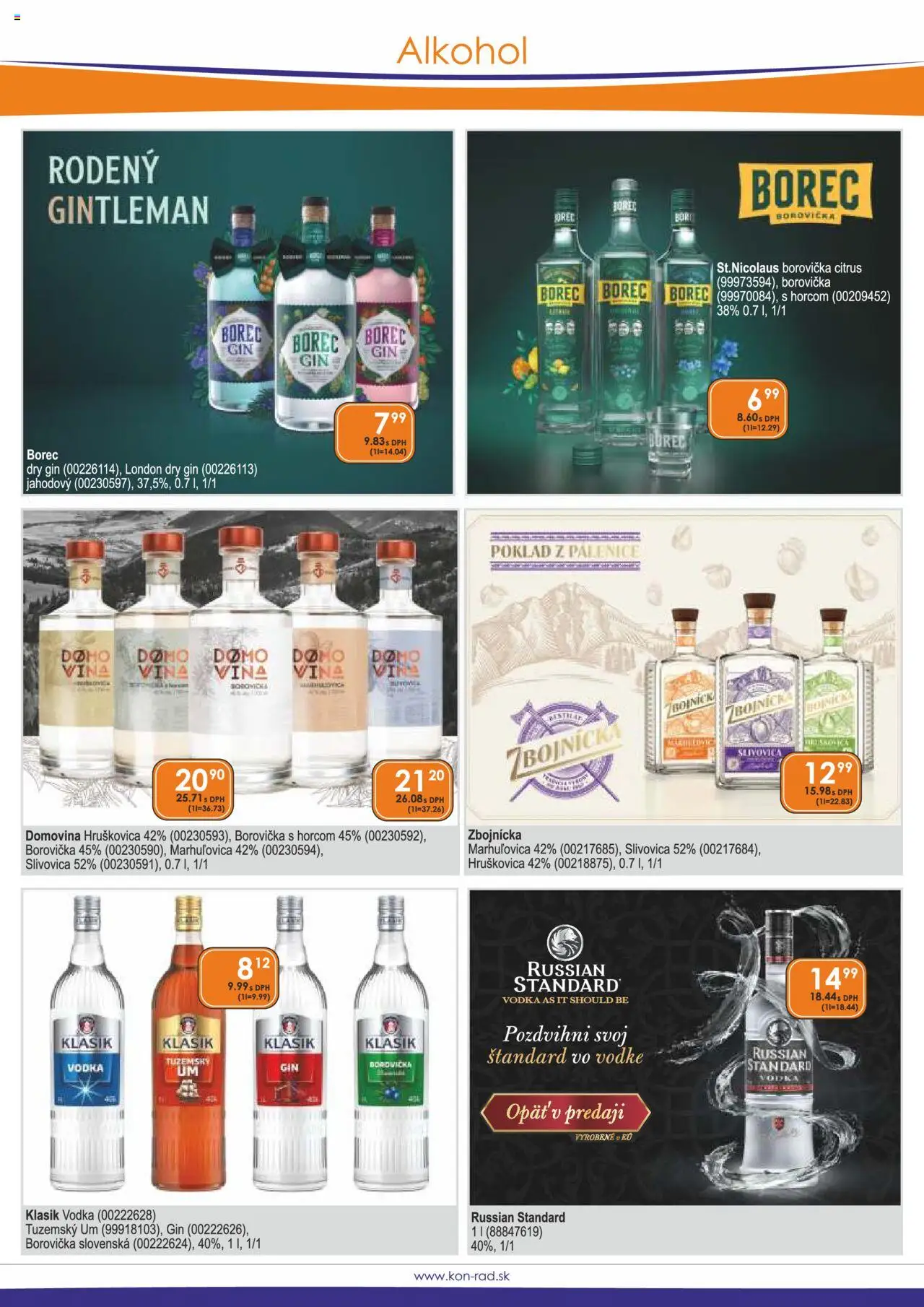 KON - RAD leták │ platný od 01.08.2025 | Strana: 13 | Produkty: Borovička, Slivovica, Gin, Alkohol