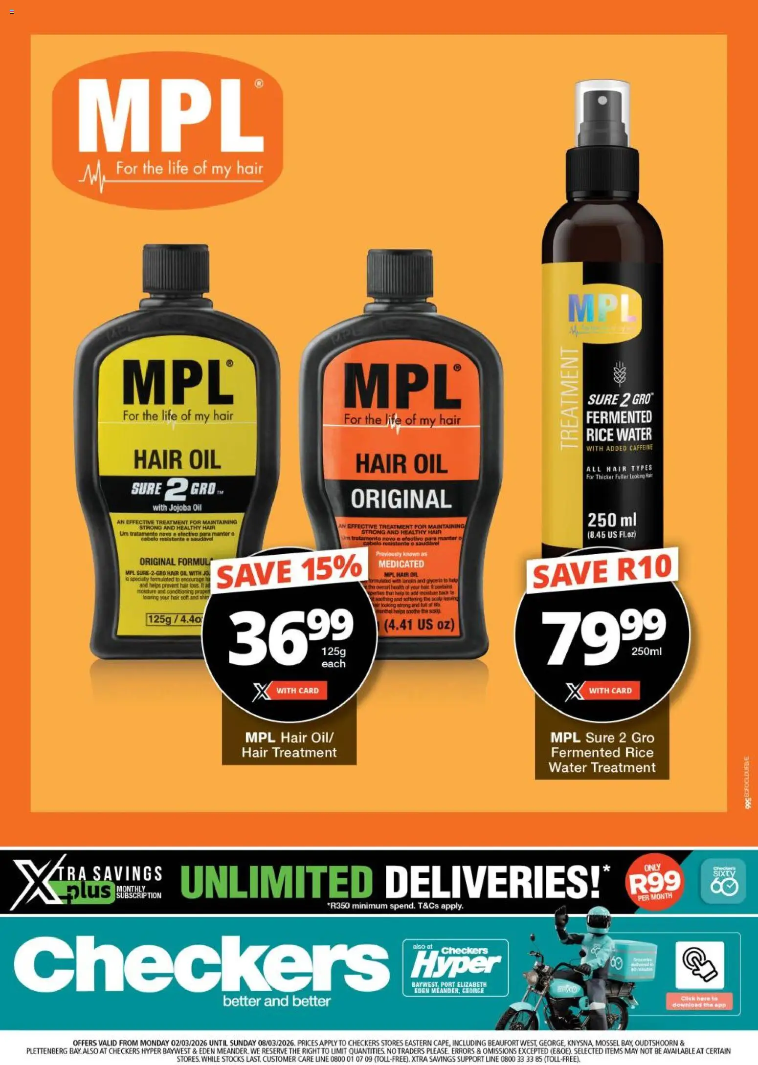 New Checkers catalogue – valid from 02.03.2026 | Page: 1 | Products: Oil, Rice, Hair oil, Water