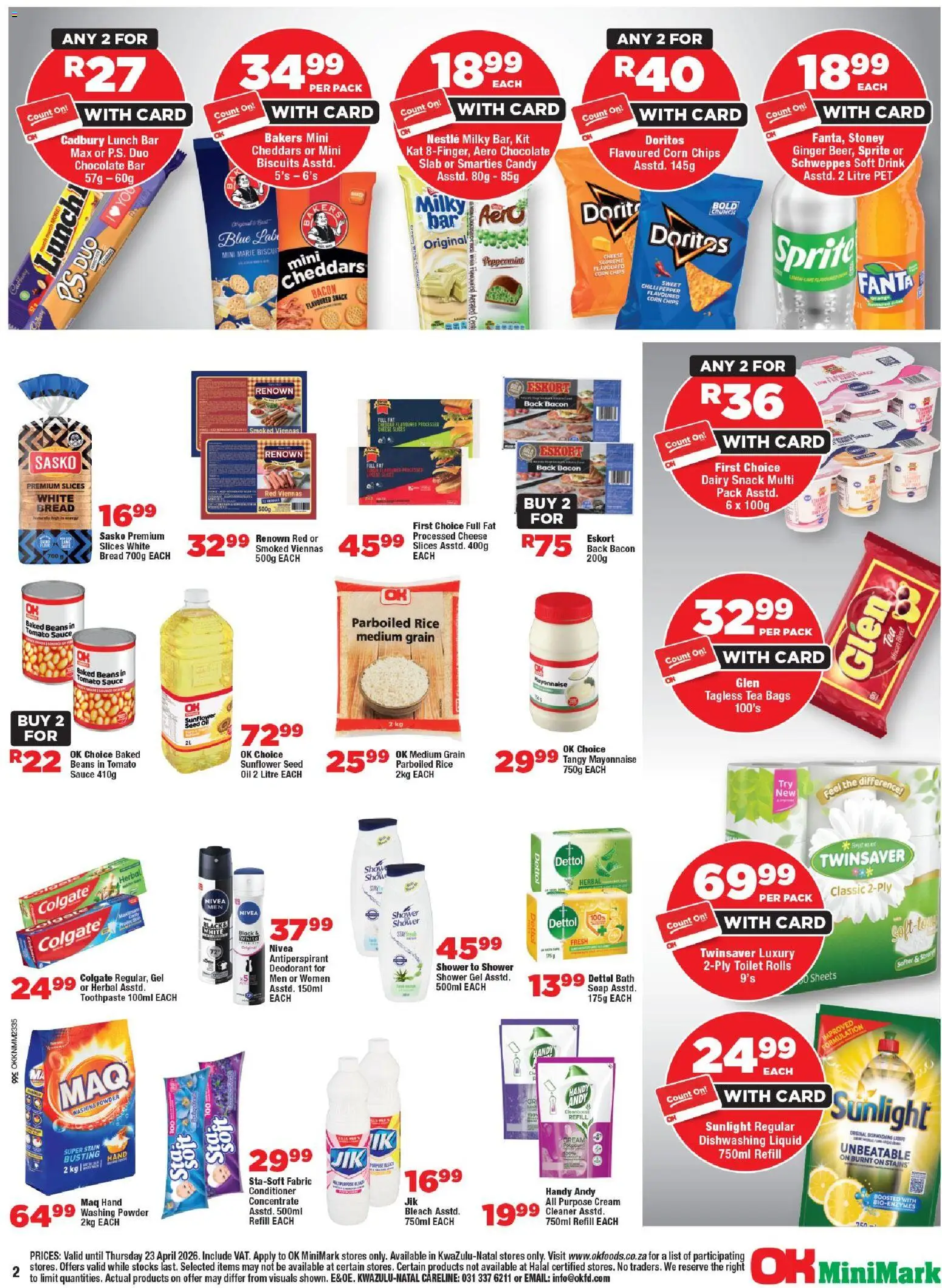 New OK Foods catalogue – valid from 15.04.2026 | Page: 2 | Products: Baked beans, Bath, Tea, Dishwashing liquid
