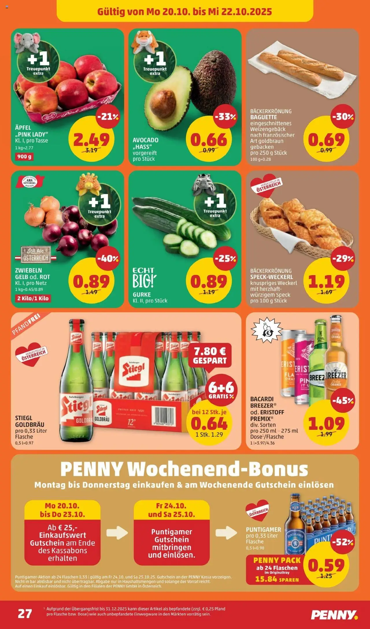 Penny Markt Flugblatt gültig ab 16.10.2025 | Seite: 27 | Produkte: Avocado, Zwiebeln, Jääkaappipakastin, Äpfel