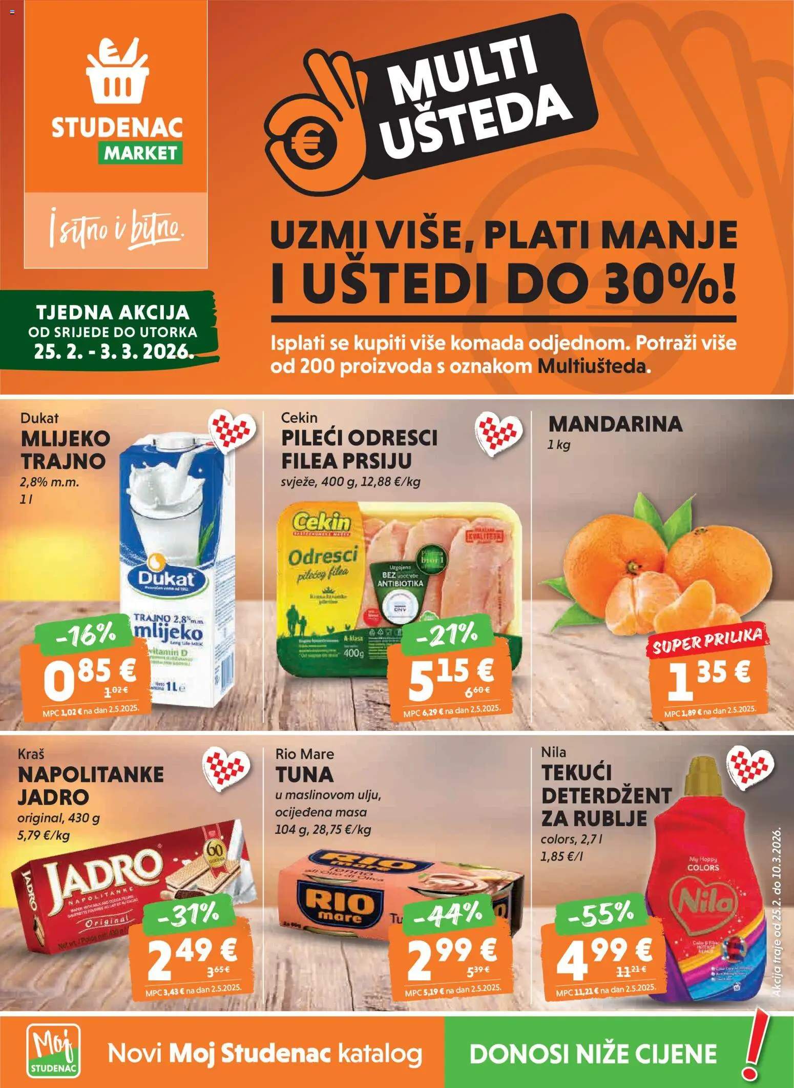 Studenac katalog | vrijedi od 25.02.2026 | Stranica: 1 | Proizvodi: Rio Mare, Mlijeko, Deterdžent, Napolitanke