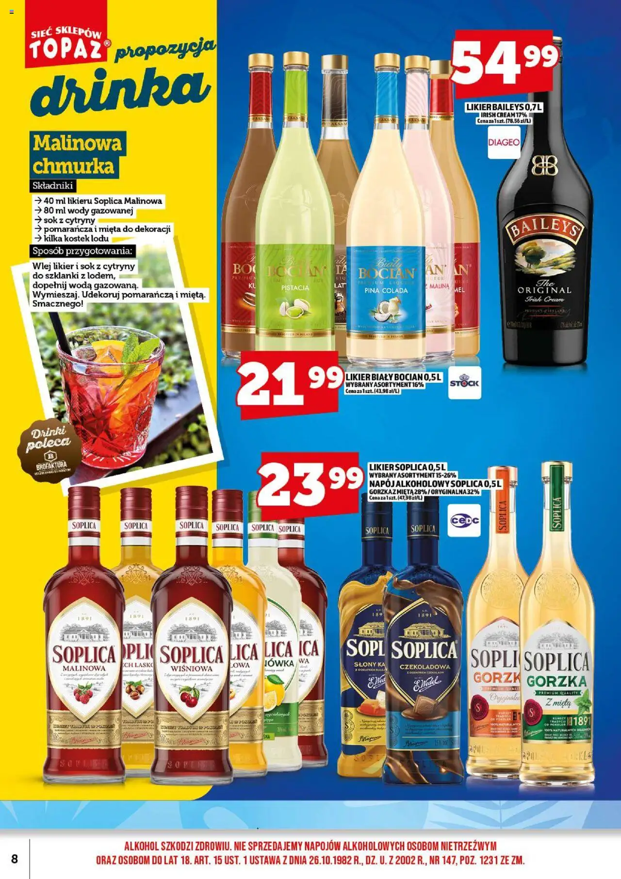 Topaz Gazetka alkoholowa od 18.08.2025 | Strona: 10 | Produkty: Czekoladowa, Sok z cytryny, Szklanki, Woda