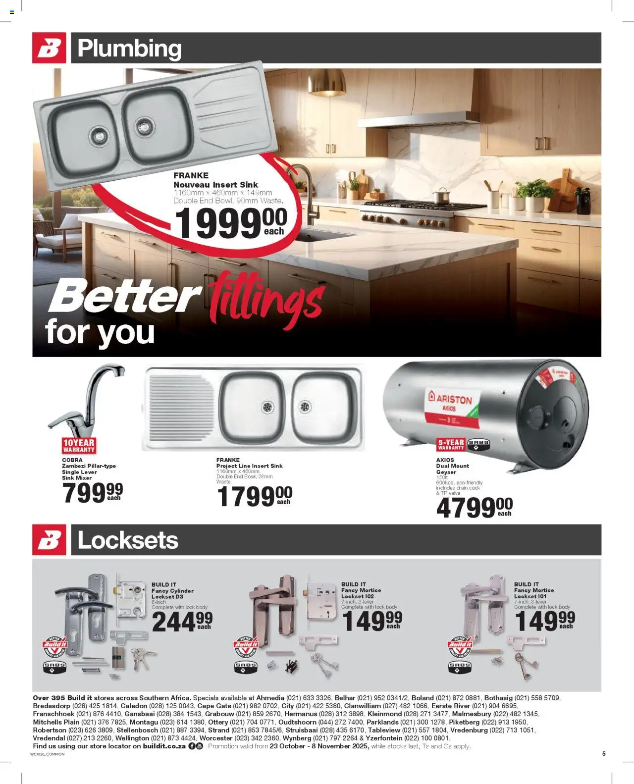 New Build It catalogue – valid from 23.10.2025 | Page: 5 | Products: Lock, Geyser, Valve, Sink
