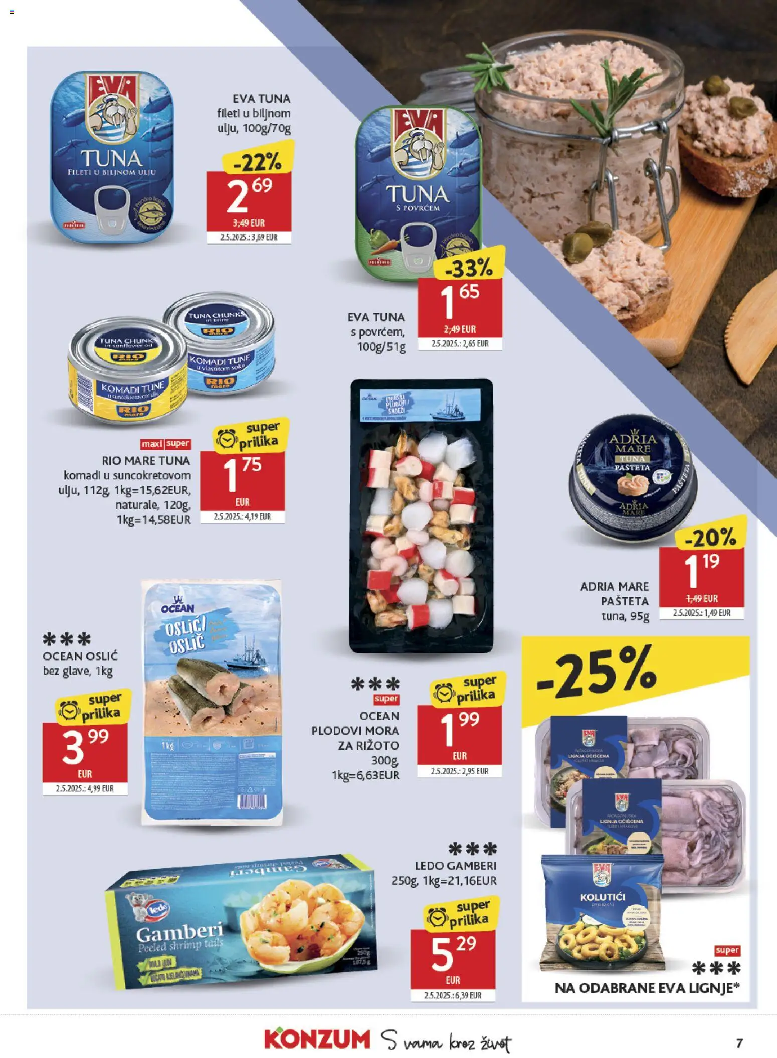 Konzum katalog | vrijedi od 11.03.2026 | Stranica: 7 | Proizvodi: Gamberi, Rio Mare, Oslić, Tuna