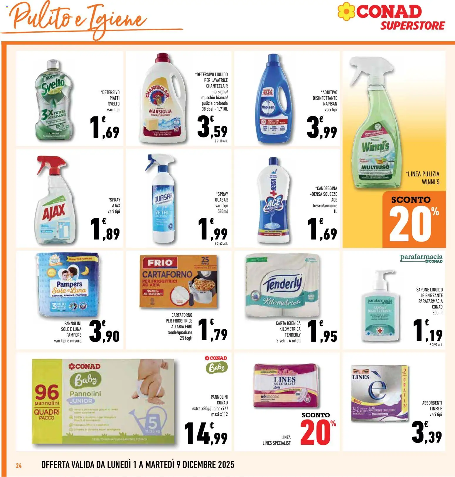 Volantino Conad del 01.12.2025 | Pagina: 24 | Prodotti: Pannolini, Sapone, Pampers, Friggitrice