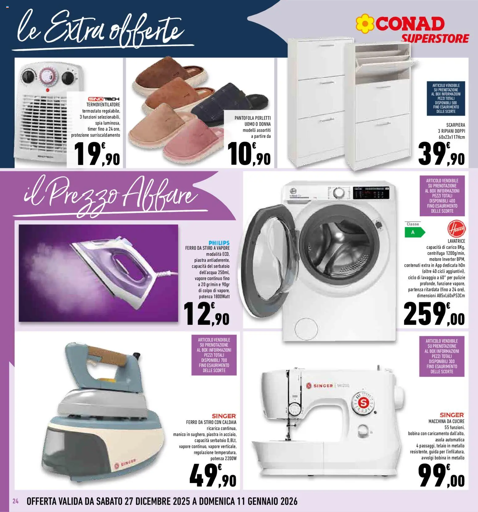 Volantino Conad del 27.12.2025 | Pagina: 24 | Prodotti: Centrifuga, Caldaia, Lavatrice, Macchina da cucire