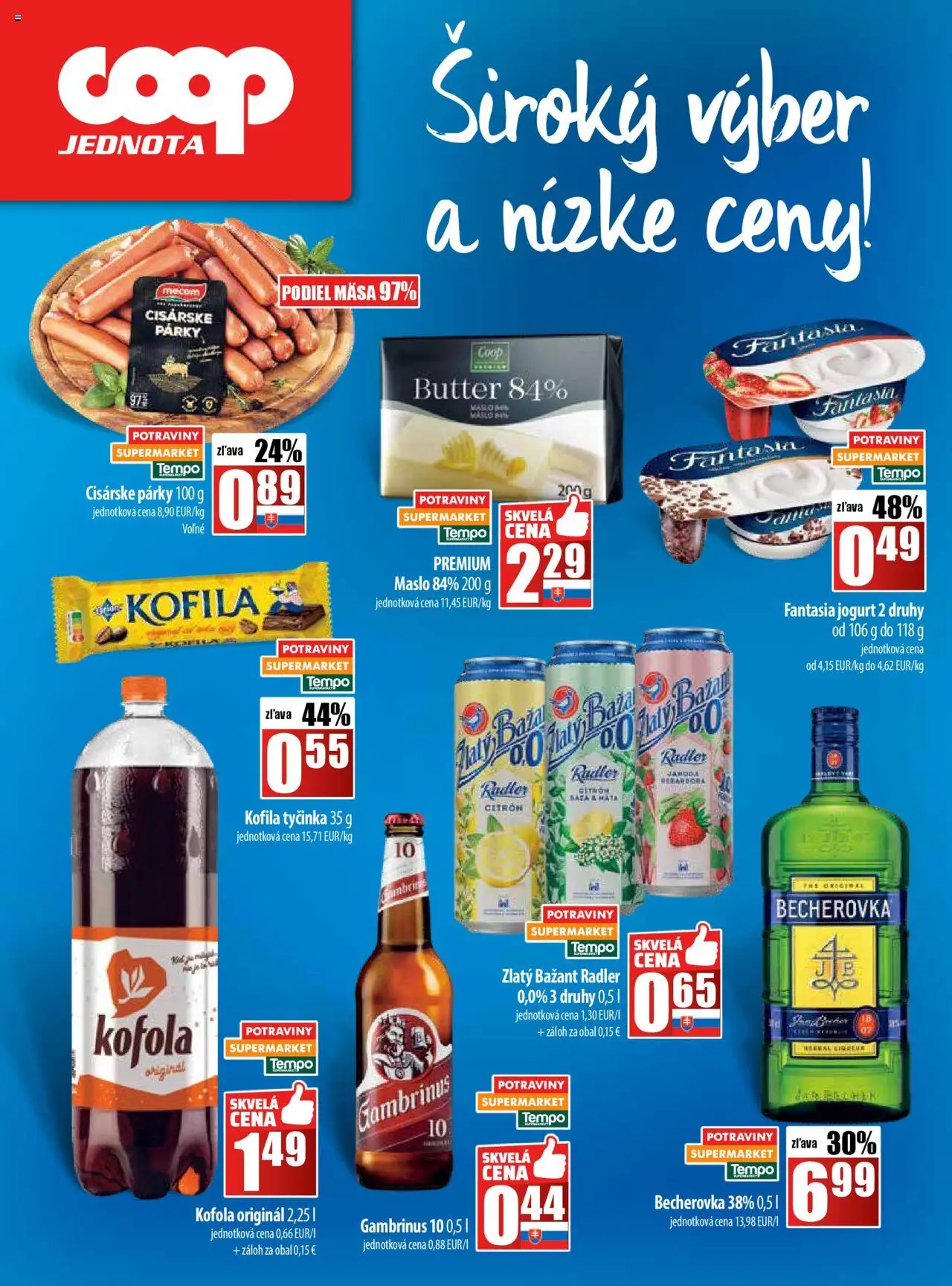 COOP Jednota leták │ platný od 31.07.2025 | Strana: 28 | Produkty: Maslo, Becherovka, Párky, Gambrinus