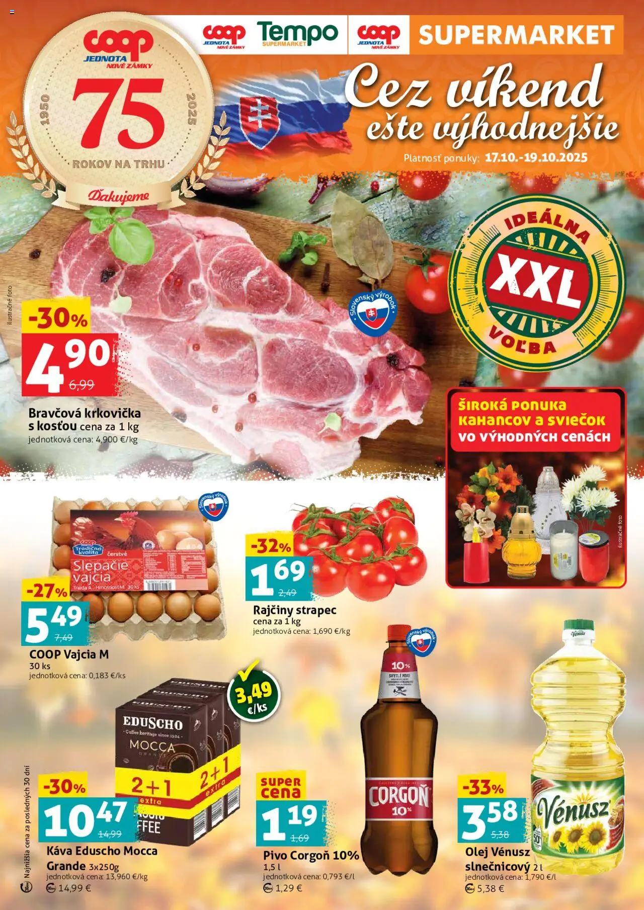 Nové COOP Jednota akcie – leták je platný od 17.10.2025 | Strana: 1 | Produkty: Vajcia, Olej, Krkovička, Corgoň