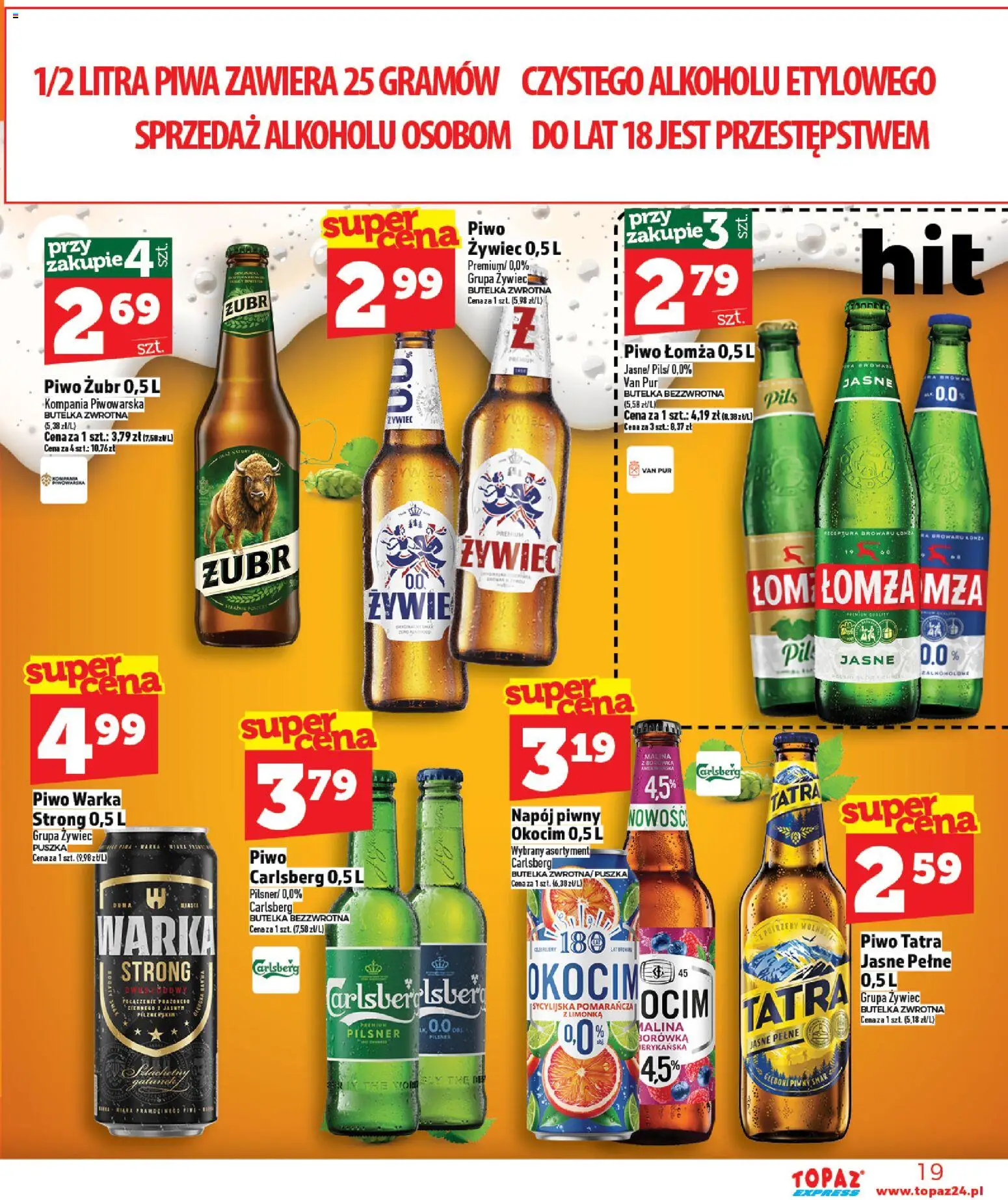 Topaz gazetka - Express od 09.04.2026 | Strona: 19 | Produkty: Piwo żubr, Malina, Warka, Piwo