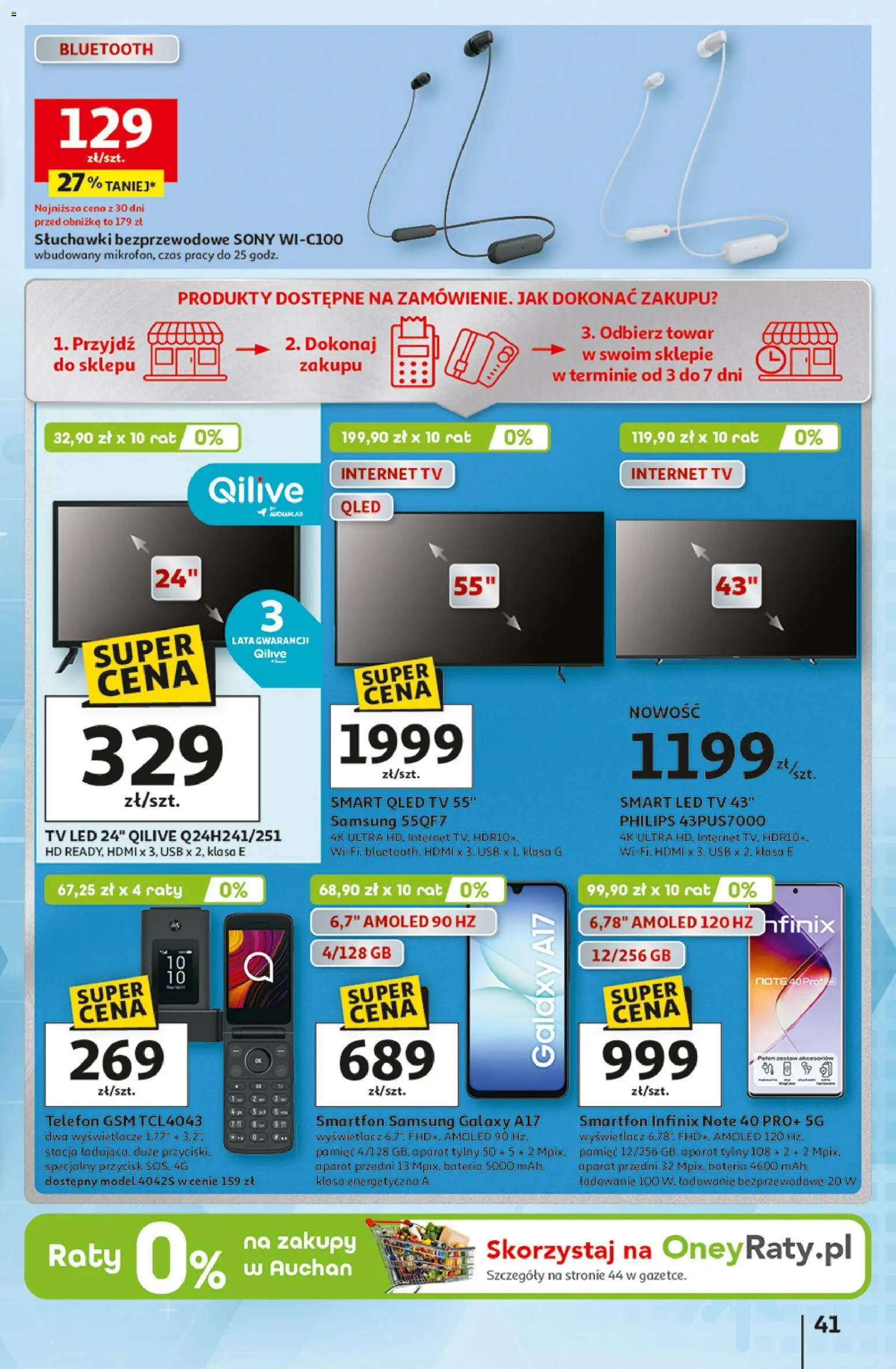Auchan Gazetka - 30 Lat Hipermarket od 19.02.2026 | Strona: 41 | Produkty: Smartfon, Słuchawki, USB, Słuchawki bezprzewodowe