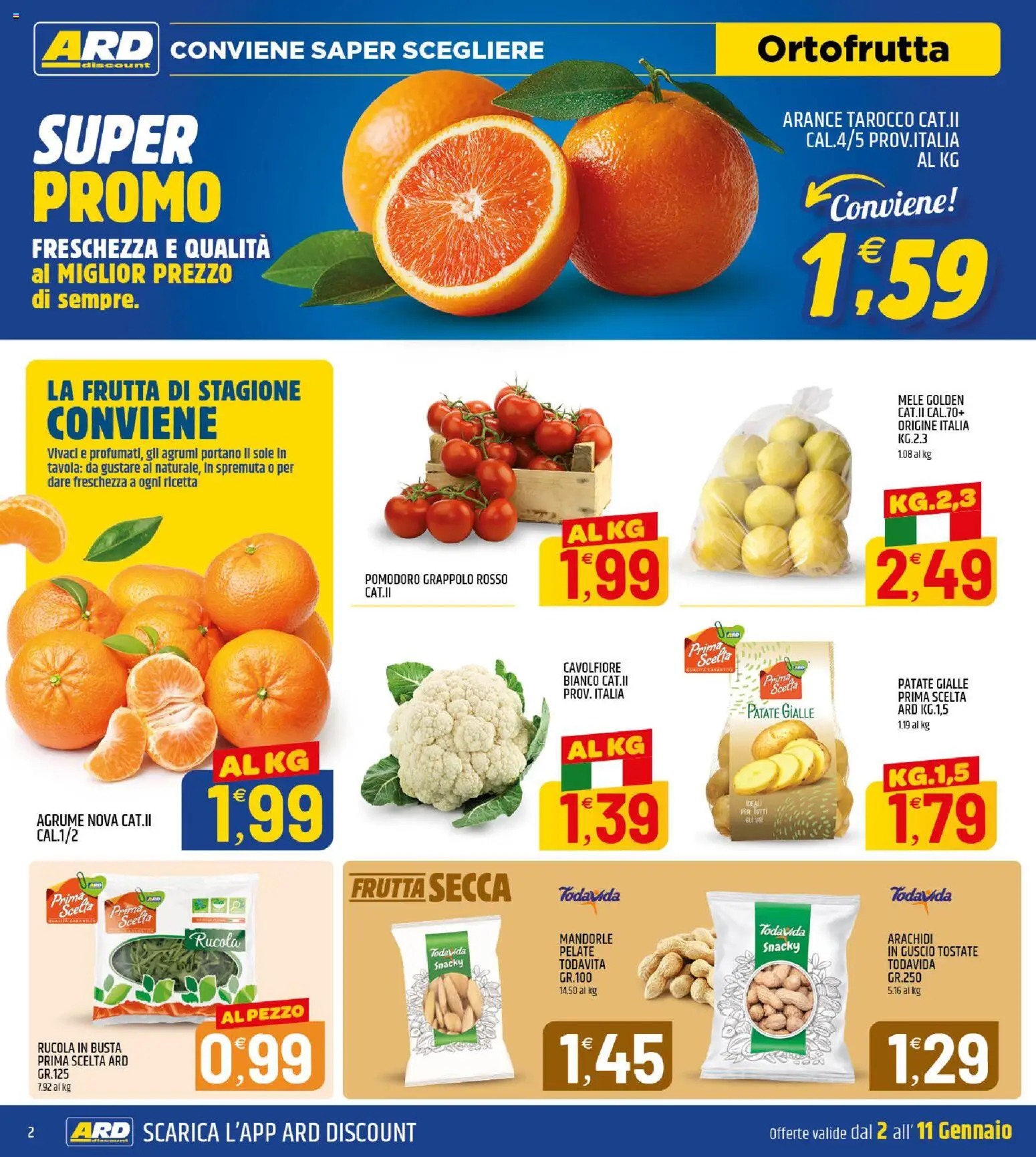 Volantino ARD Discount del 02.01.2026 | Pagina: 2 | Prodotti: Arance, Patate, Frutta, Agrumi