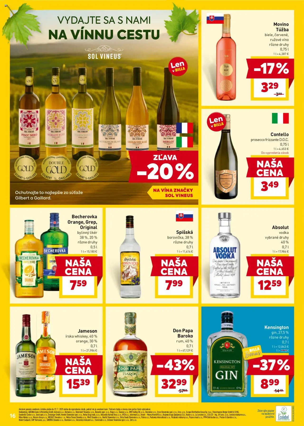 Billa leták │ platný od 16.07.2025 | Strana: 16 | Produkty: Becherovka, Prosecco, Vodka, Soľ
