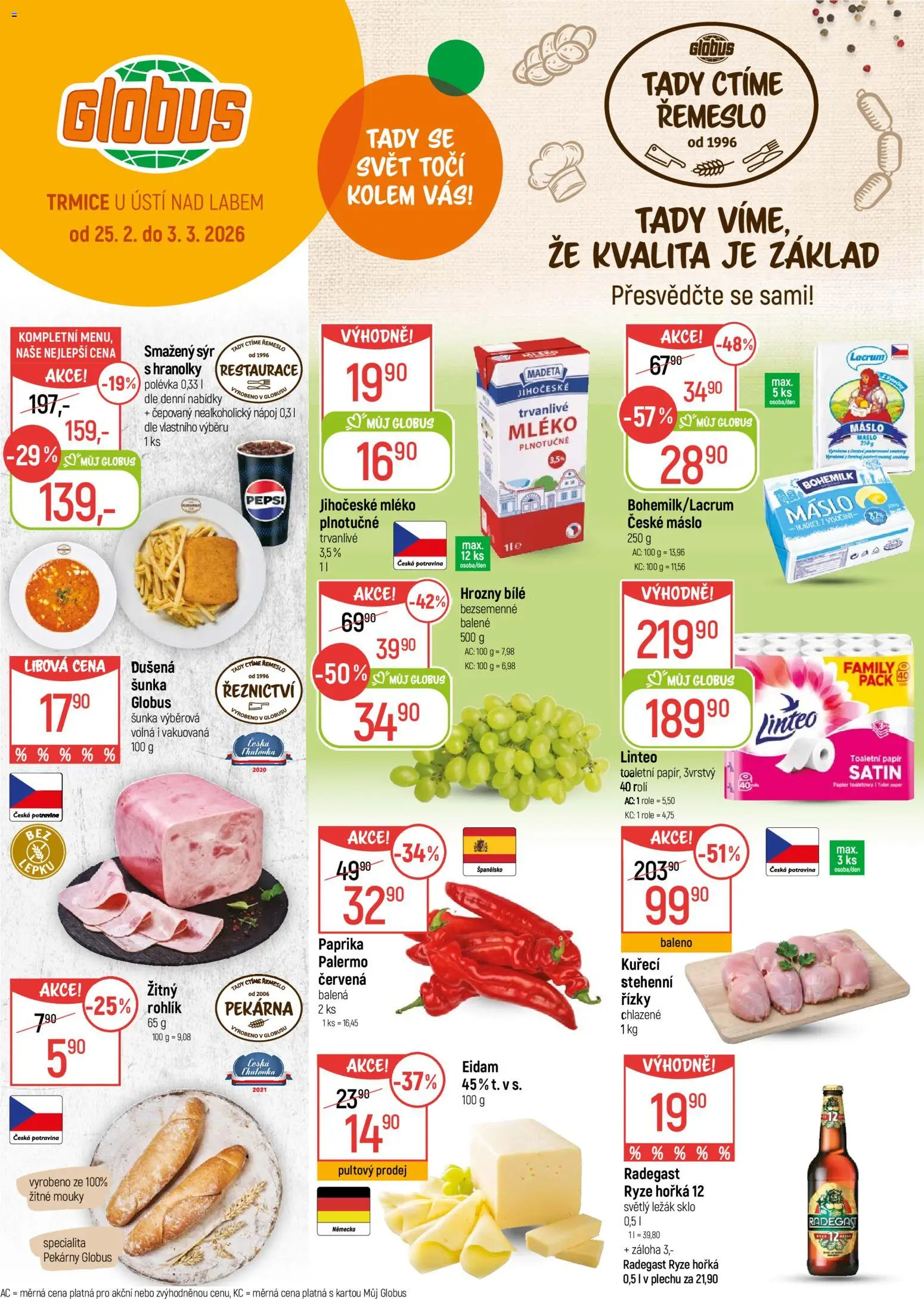 Globus leták - Trmice od 25.02.2026 | Strana: 1 | Produkty: Sýr, Rýže, Toaletní papír, Pekárna