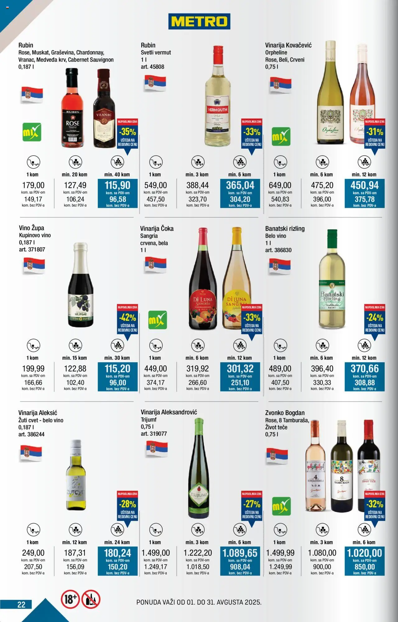 Metro katalog - važi od 01.08.2025 | Strana: 22 | Proizvode: Vranac, Cabernet Sauvignon, Belo vino, Vino