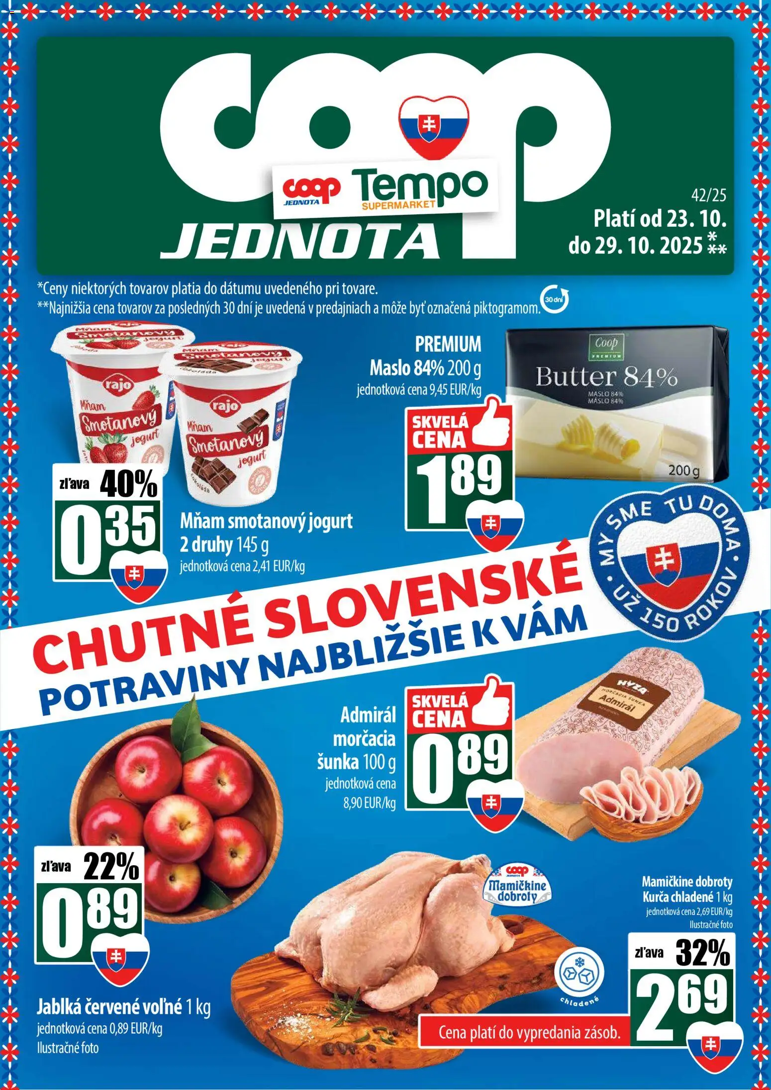 Nové COOP Jednota akcie – leták je platný od 23.10.2025 | Strana: 1 | Produkty: Maslo, Jogurt, Jablká, Kurča