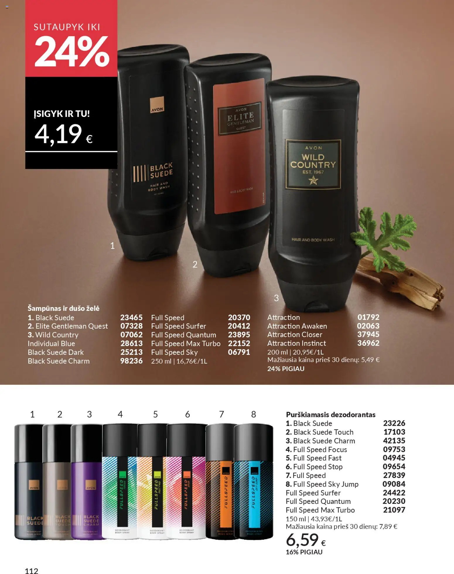 AVON akcijos nuo 01.01.2026 | Puslapis: 112 | Prekių: Šampūnas, Dušo želė, Dezodorantas