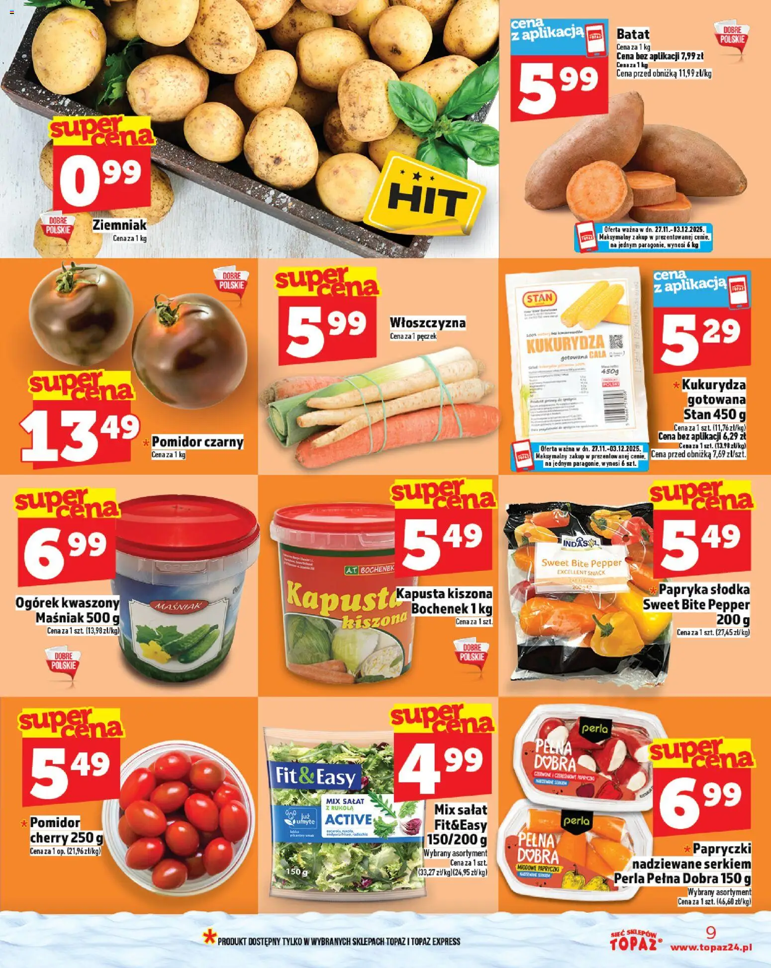 Topaz Gazetka MAZ od 27.11.2025 | Strona: 9 | Produkty: Kapusta kiszona, Kukurydza, Rukola, Mix sałat