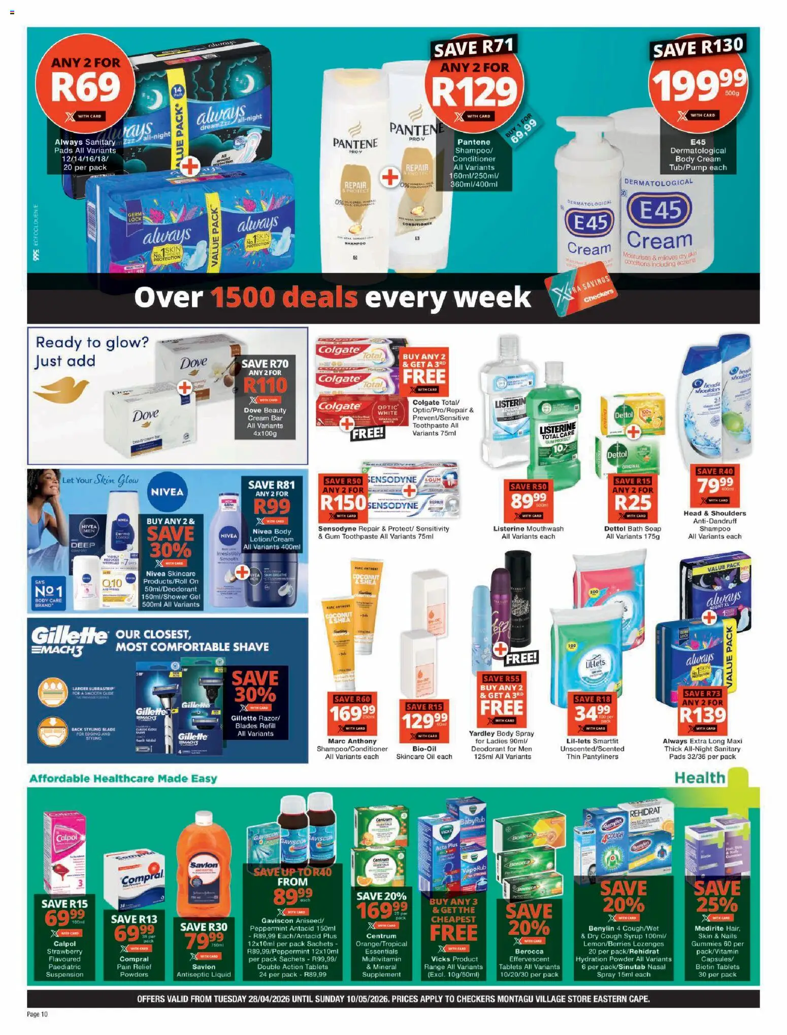 New Checkers catalogue – valid from 28.04.2026 | Page: 10 | Products: Pads, Conditioner, Cream, Toothpaste