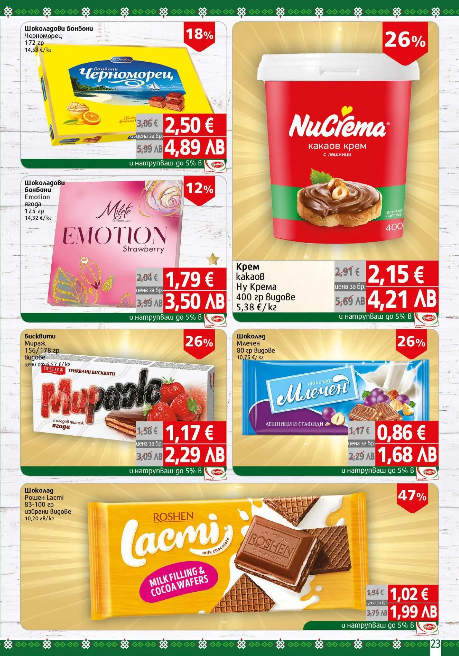 {H1} | Страница: 23 | Продукти: Шоколад, Бонбони, Ягоди, Стафиди