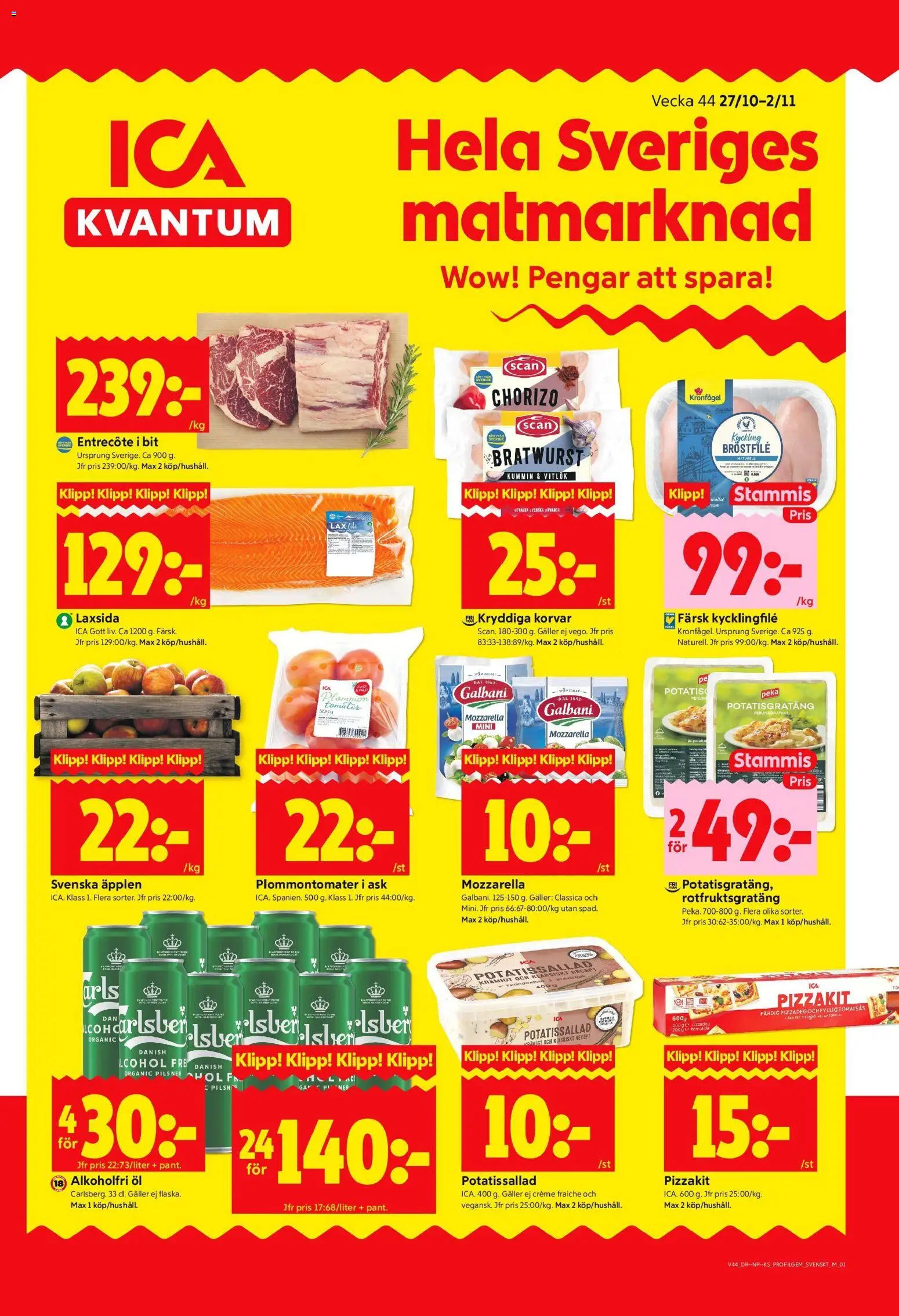 ICA Kvantum reklamblad aktuell från 27.10.2025 | Sida: 1 | Produkter: Öl, Pizzakit, Chorizo, Tomatsås